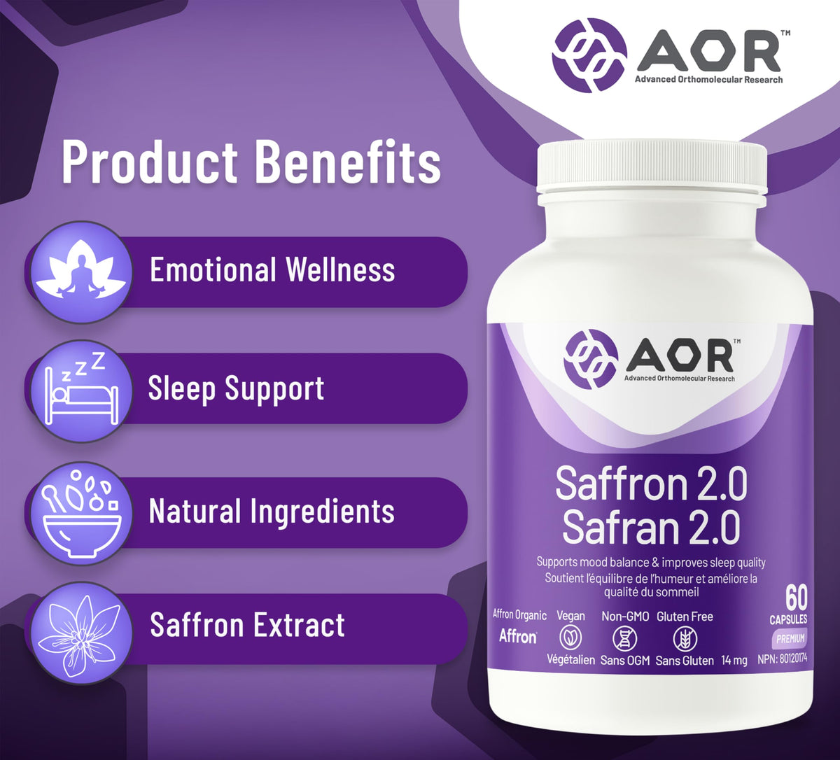 AOR Saffron 2.0 Supplement, Gluten Free, 14 mg, 60 Capsules, 30-Day Supply