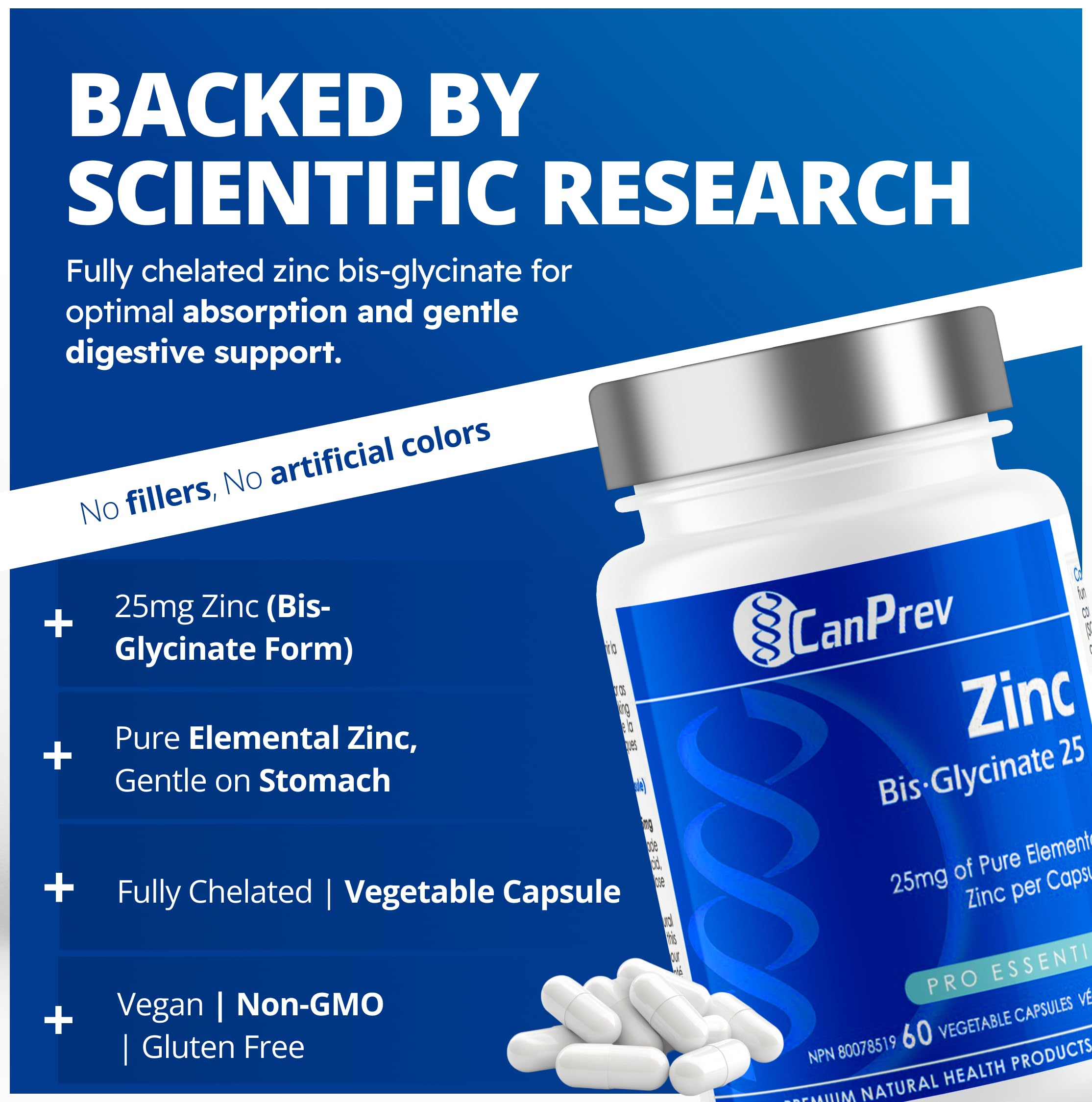 CanPrev Zinc Bis-Glycinate 25mg de zinc élémentaire pur par capsule - Produits de Santé Naturels