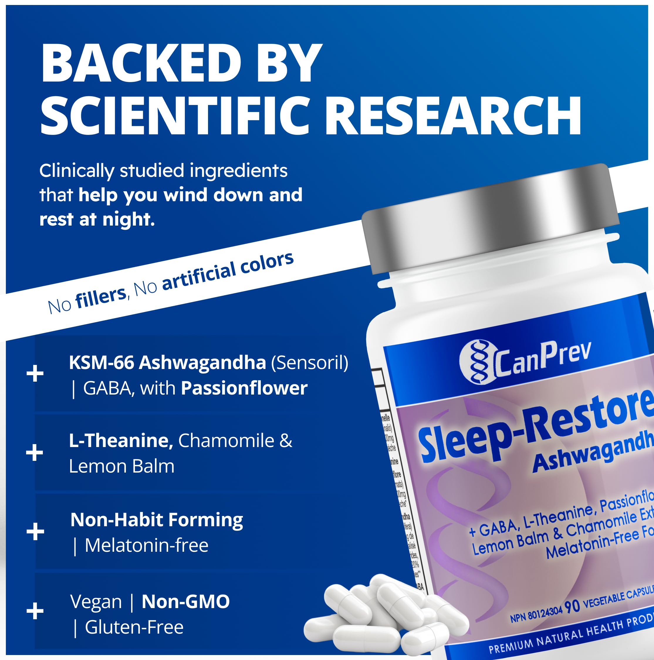 CanPrev Sommeil-Réparateur Ashwagandha Capsules, 90 capsules végétales Approvisionnement de 45 jours - Suppléments d'Ashwagandha pour l'énergie et la concentration, Formule calmante naturelle pour le soir, Favorise la relaxation et des nuits reposantes