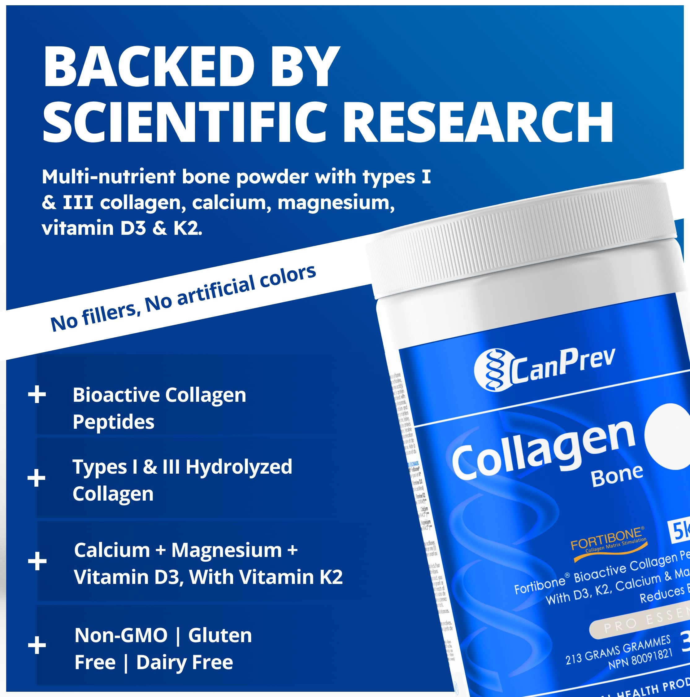 CanPrev Collagène Os, 213g Poudre 30 Portions, Peptides de collagène bioactifs Fortibone avec D3, K2, Calcium & Magnésium - Hydrolysé pour une absorption améliorée, Soutient des os solides, Sans OGM & Sans gluten