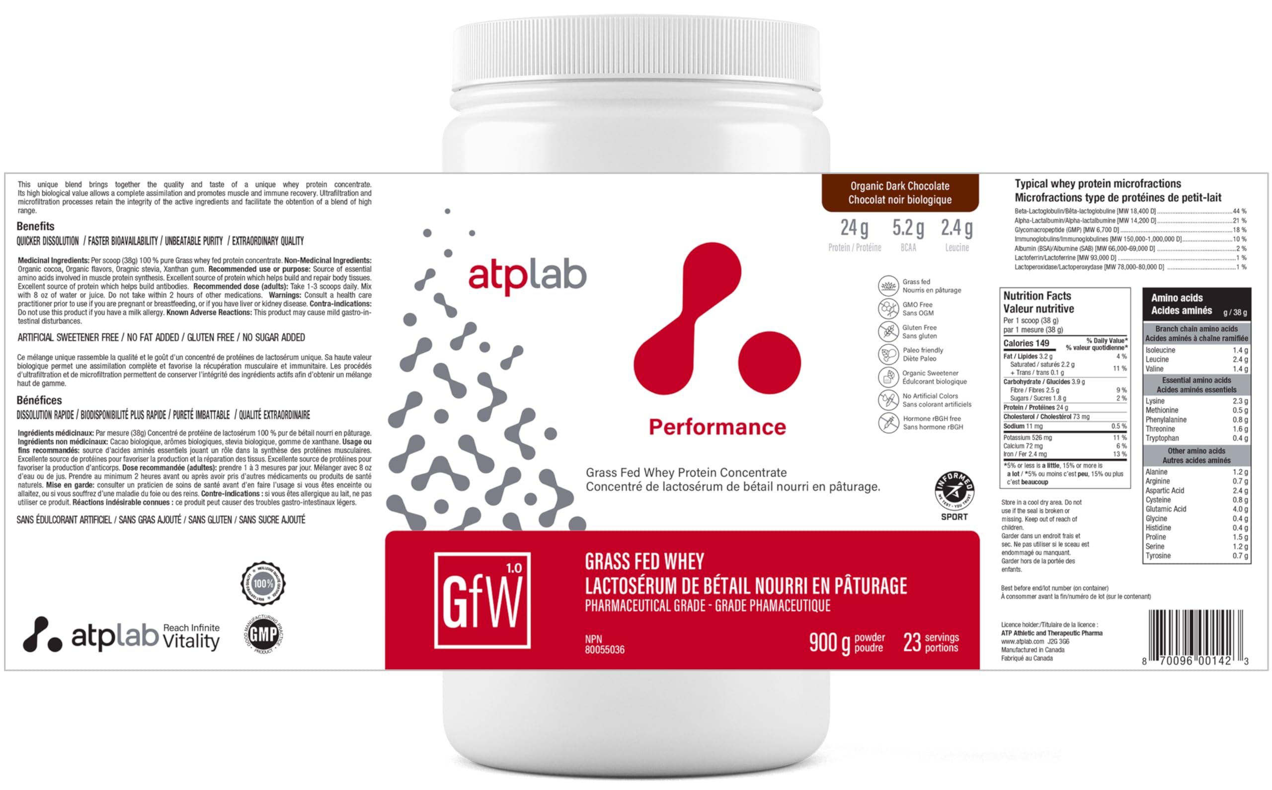 ATP LAB Concentré de Protéines de Lactosérum Nourri à l'Herbe 900g.