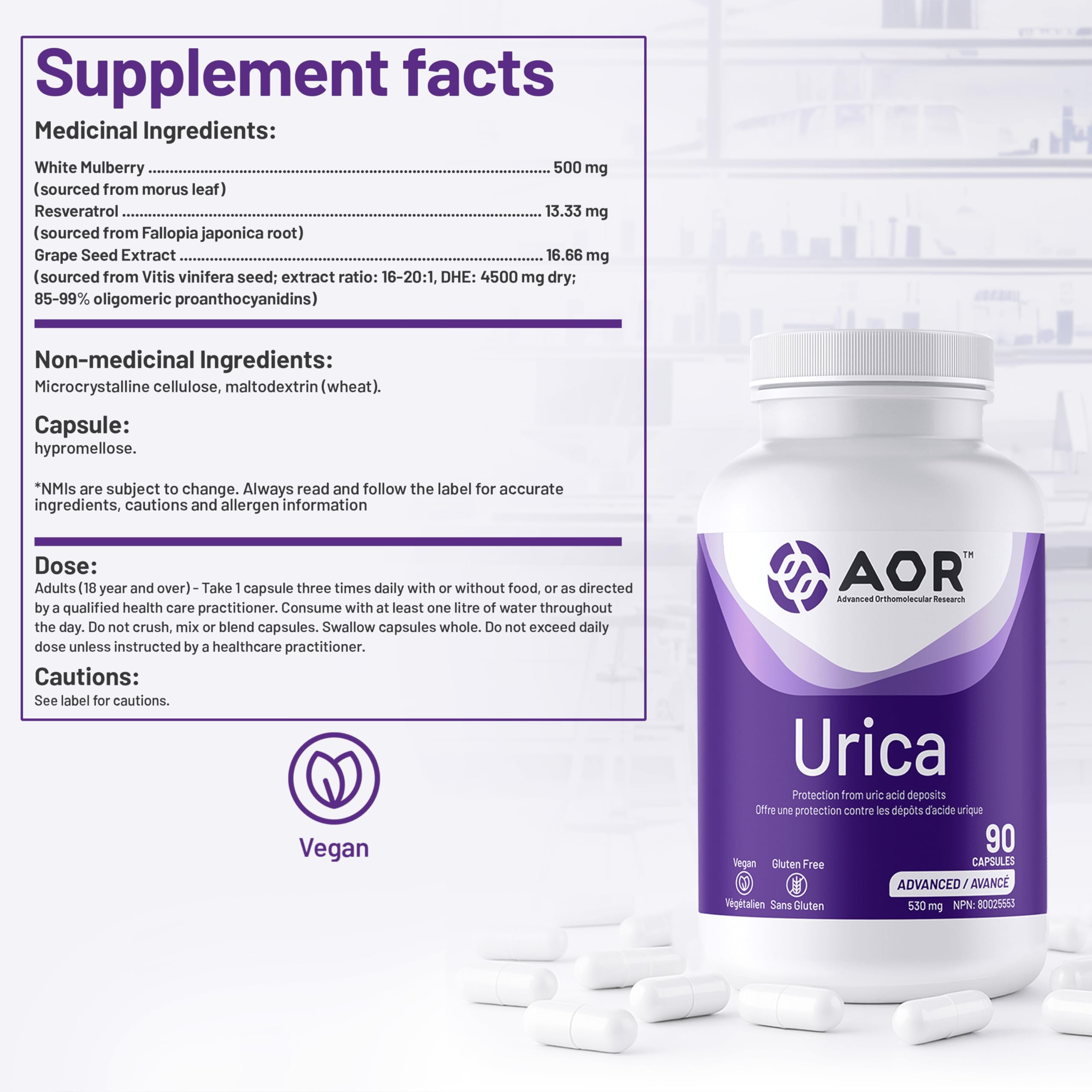 AOR Urica 530mg, 90 gélules (30 jours de traitement) - Formule de soutien de l'acide urique avec mûrier blanc riche en morine, trans-resvératrol et extrait de pépins de raisin - Végétalien et sans gluten - Favorise l'équilibre naturel de l'acide urique