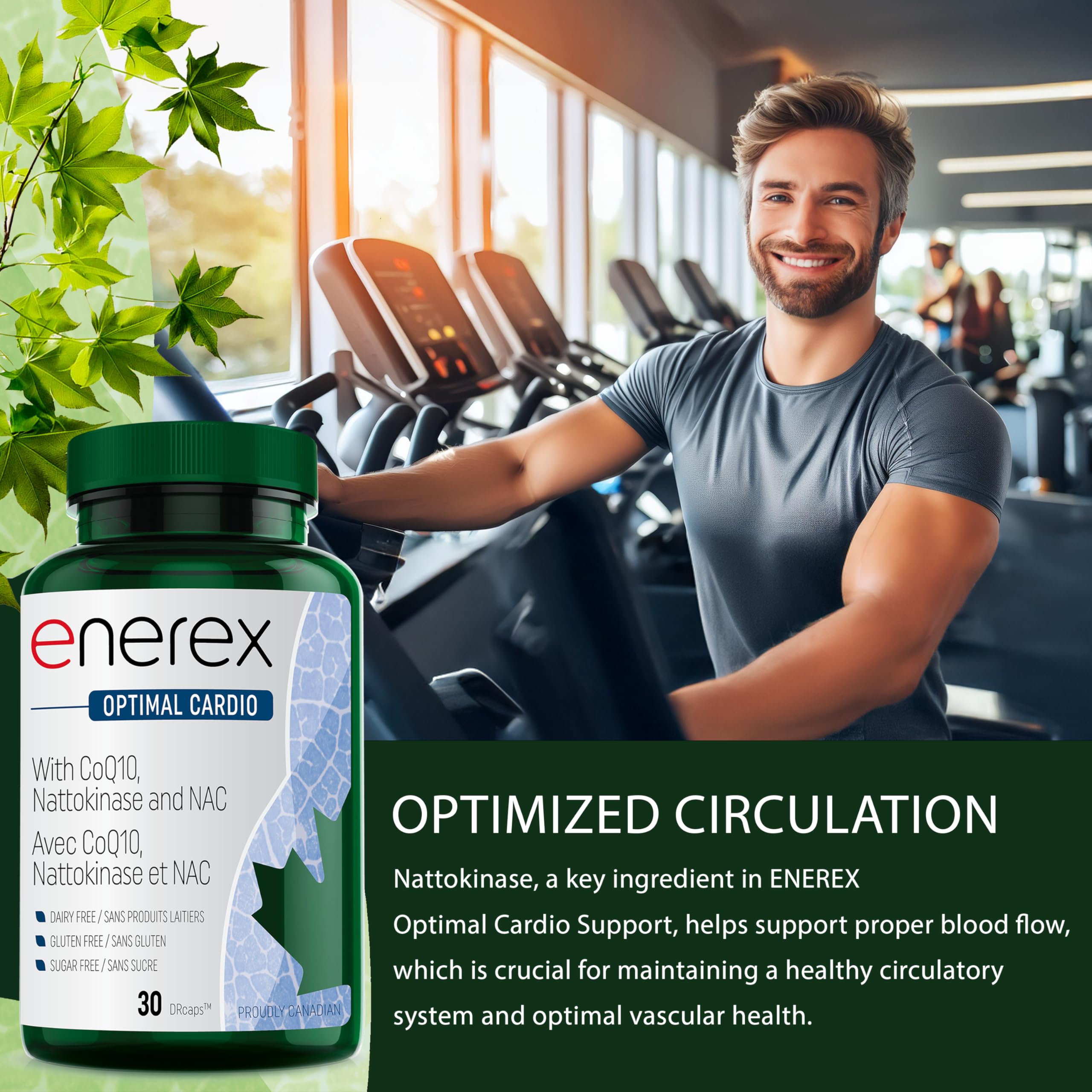 ENEREX Optimal Cardio Support, 30 DRCaps - Enrichi en Coenzyme Q10, Nattokinase & L-5-MTHF, Soutient la fonction cardiovasculaire, l'équilibre de la pression artérielle, Formule riche en antioxydants et en folate