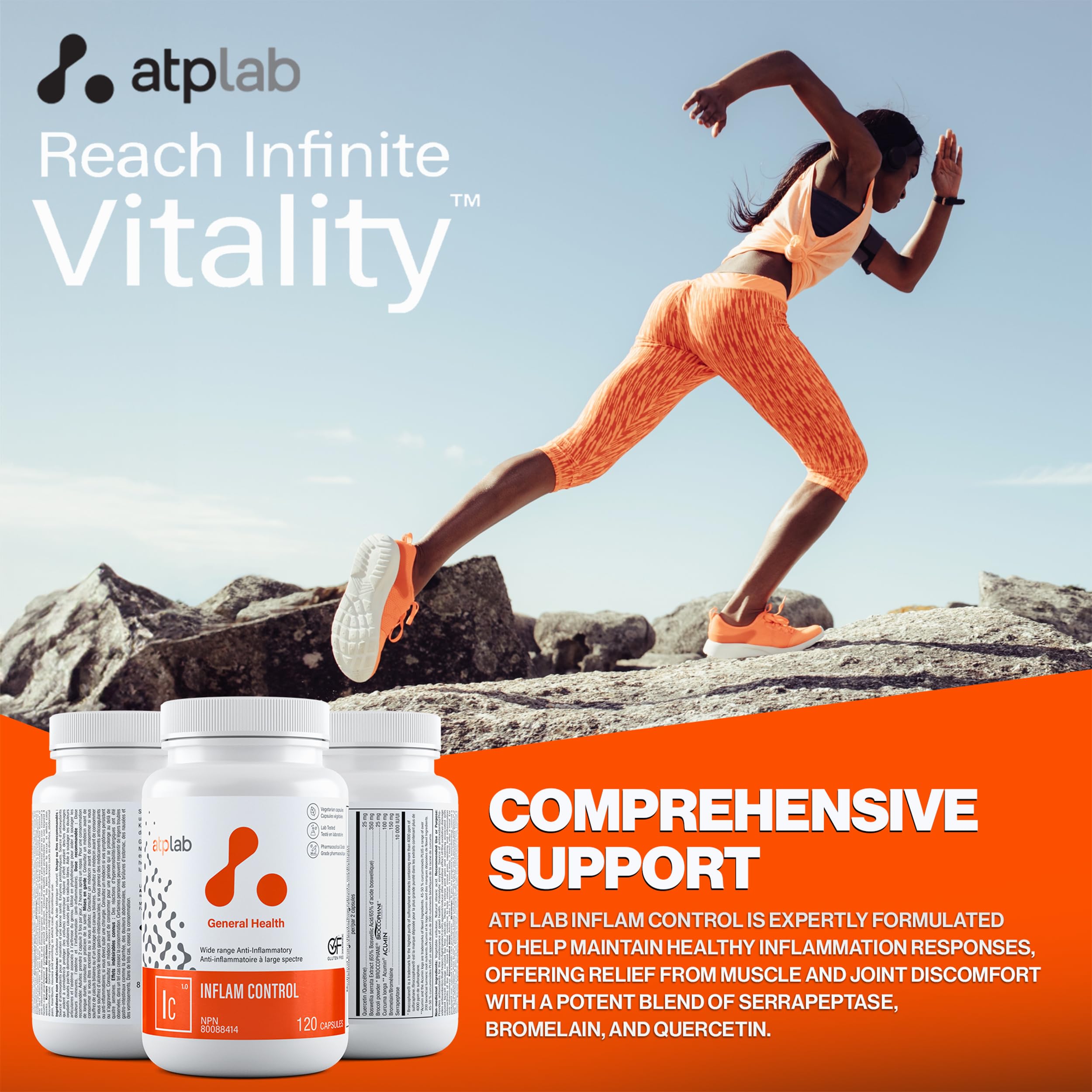 ATP LAB Inflam Control, 120 gélules - Soutien articulaire et musculaire avec Curcuma Acumin, BroccoPhane, Boswellia, Serrapeptase, Bromélaïne, Quercétine - Confort et mobilité améliorés