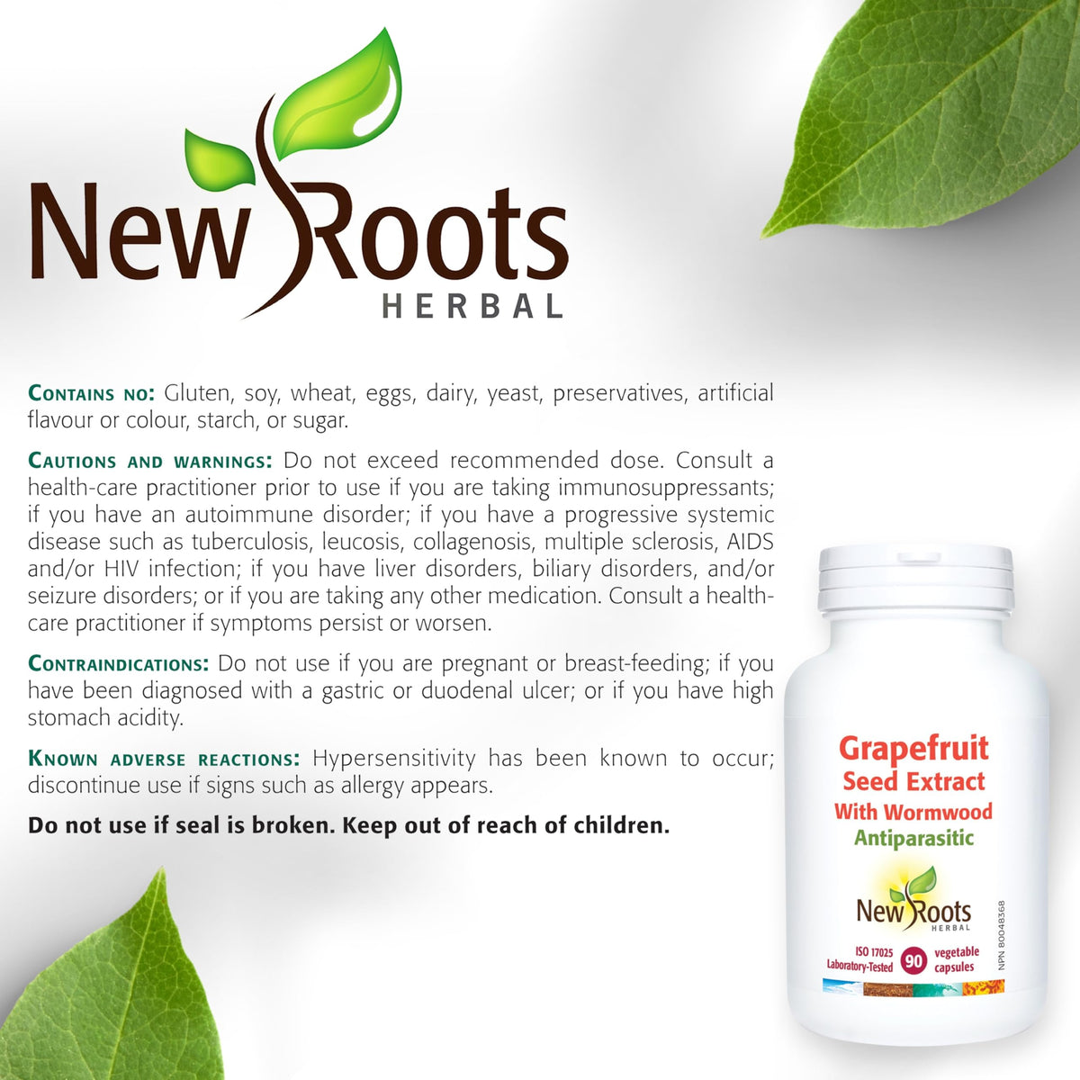 New Roots Herbal Grapefruit Seed Extract, Wormwood, Echinacea, 90 Capsules