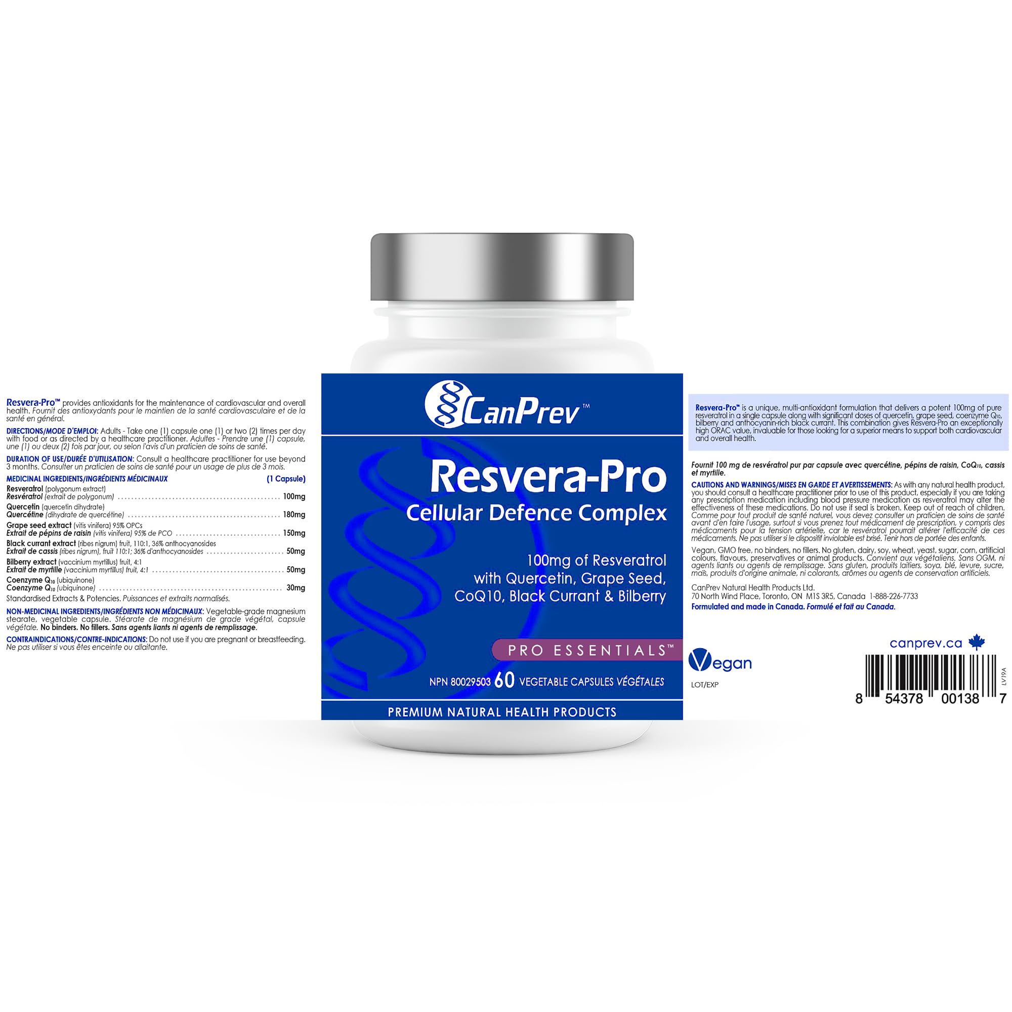CanPrev Resvera-Pro Resveratrol, 60 Capsules 60-Day Supply - Coenzyme Q10-100mg Resveratrol with Quercetin, Grape Seed, Black Currant and Bilberry - A Blend of Antioxidants - Vegan Friendly