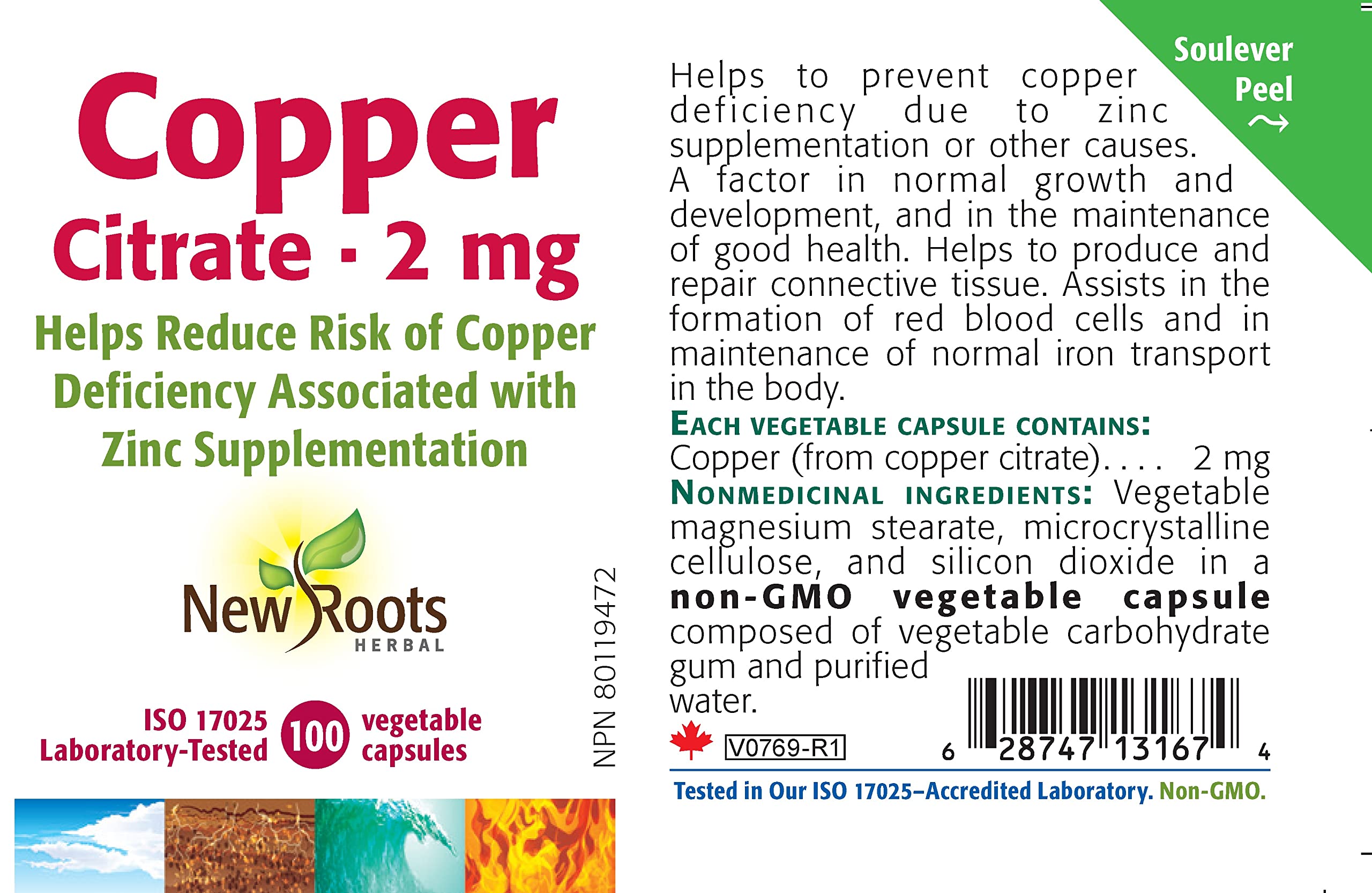 New Roots Herbal Citrate de cuivre 2 mg Supplément minéral, Aide à la production de tissus conjonctifs, de globules rouges et à l'intégrité de la peau, 100 capsules végétales, Approvisionnement de 100 jours