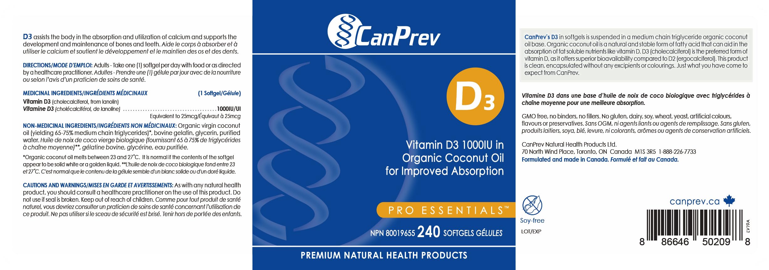CanPrev D3 - Huile de noix de coco biologique l Aide à la formation et au maintien de la santé des os
