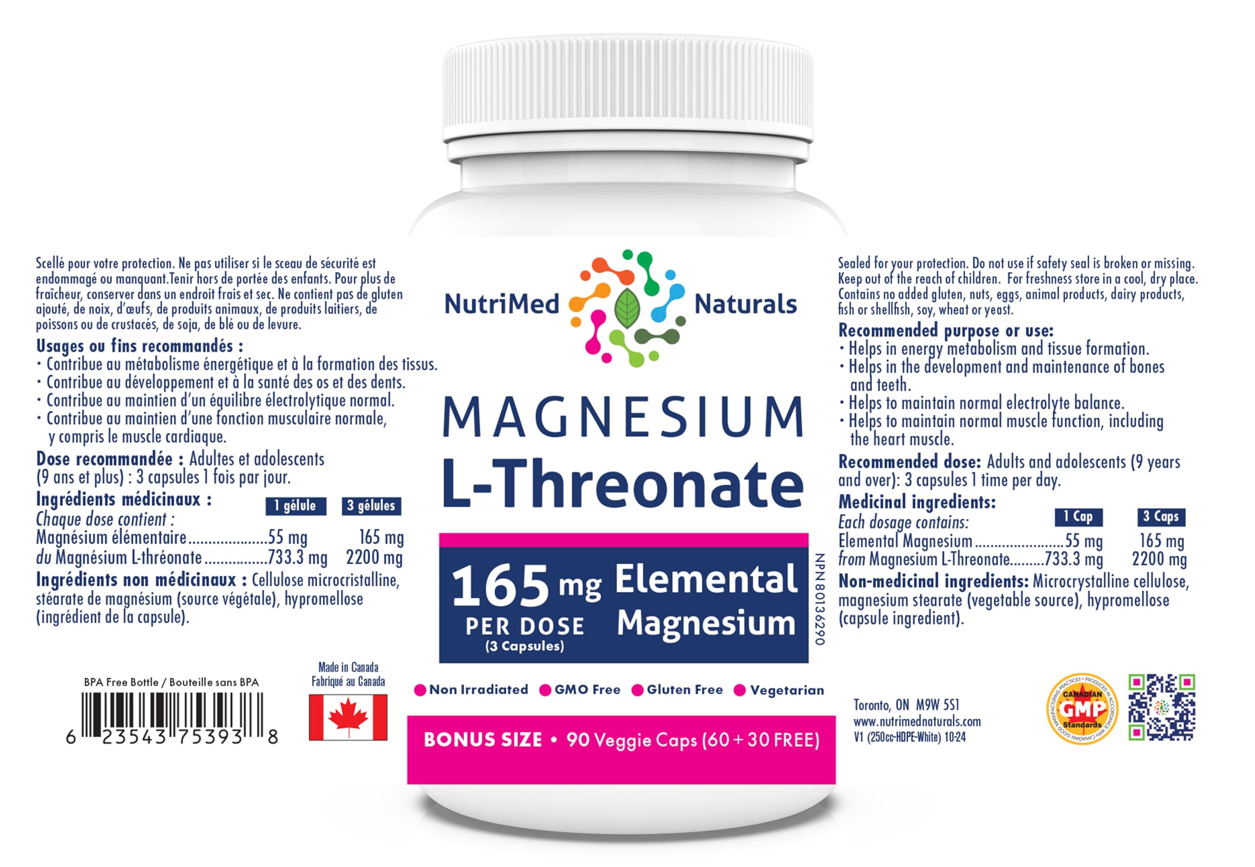 Nutrimed Naturals - Supplément de Magnésium L-Thréonate Élémentaire 165mg 90 Gélules Pour 30 Jours - Améliore la Concentration, la Mémoire et la Santé Cérébrale Optimale - Testé par un Tiers - Formulé et Fabriqué au Canada
