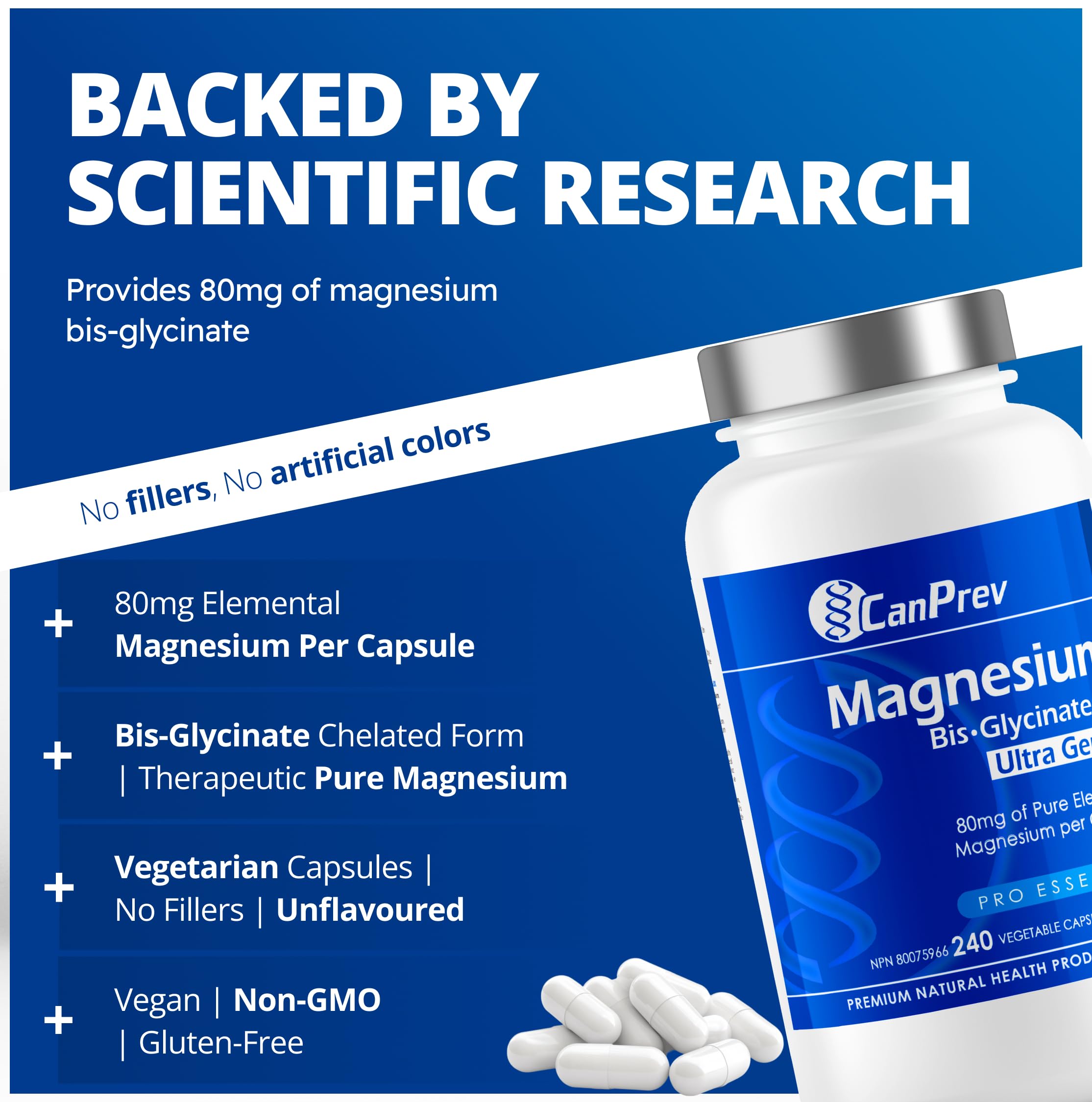 CanPrev Bis-Glycinate de Magnésium 80 Ultra Doux l Soutient la production d'énergie l Os, dents et muscles solides l Favorise la relaxation