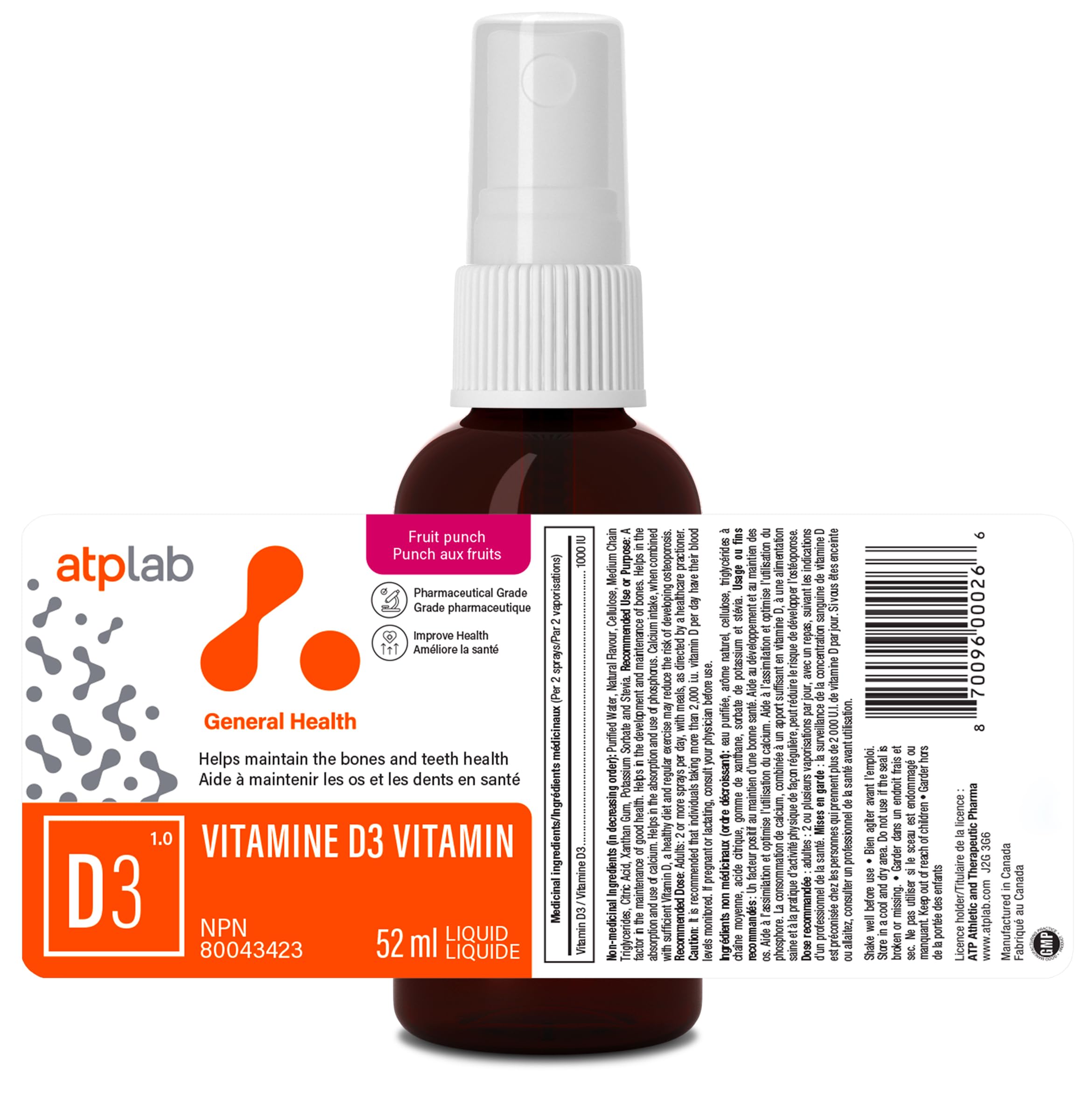 ATP LAB - Vitamine D3 1000 UI Spray Oral 52 ml 185 Portions - Supplément de Vitamine D3 pour la Santé des Os et des Dents - Spray de Vitamine D pour Adultes - Testé par une Tierce Partie - Formulé et Fabriqué au Canada
