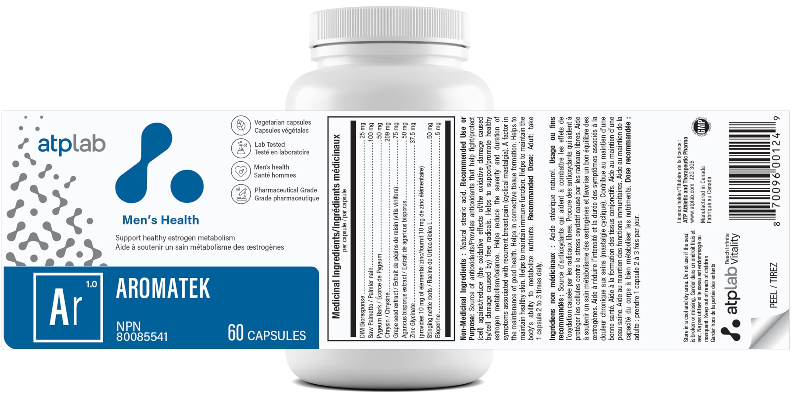 ATP LAB - Aromatek 60 gélules - Cure de 30 jours - Supplément d'œstrogènes pour la santé masculine - Équilibre hormonal des œstrogènes, stimulant masculin et supplément d'antioxydants pour hommes - Formulé et fabriqué au Canada