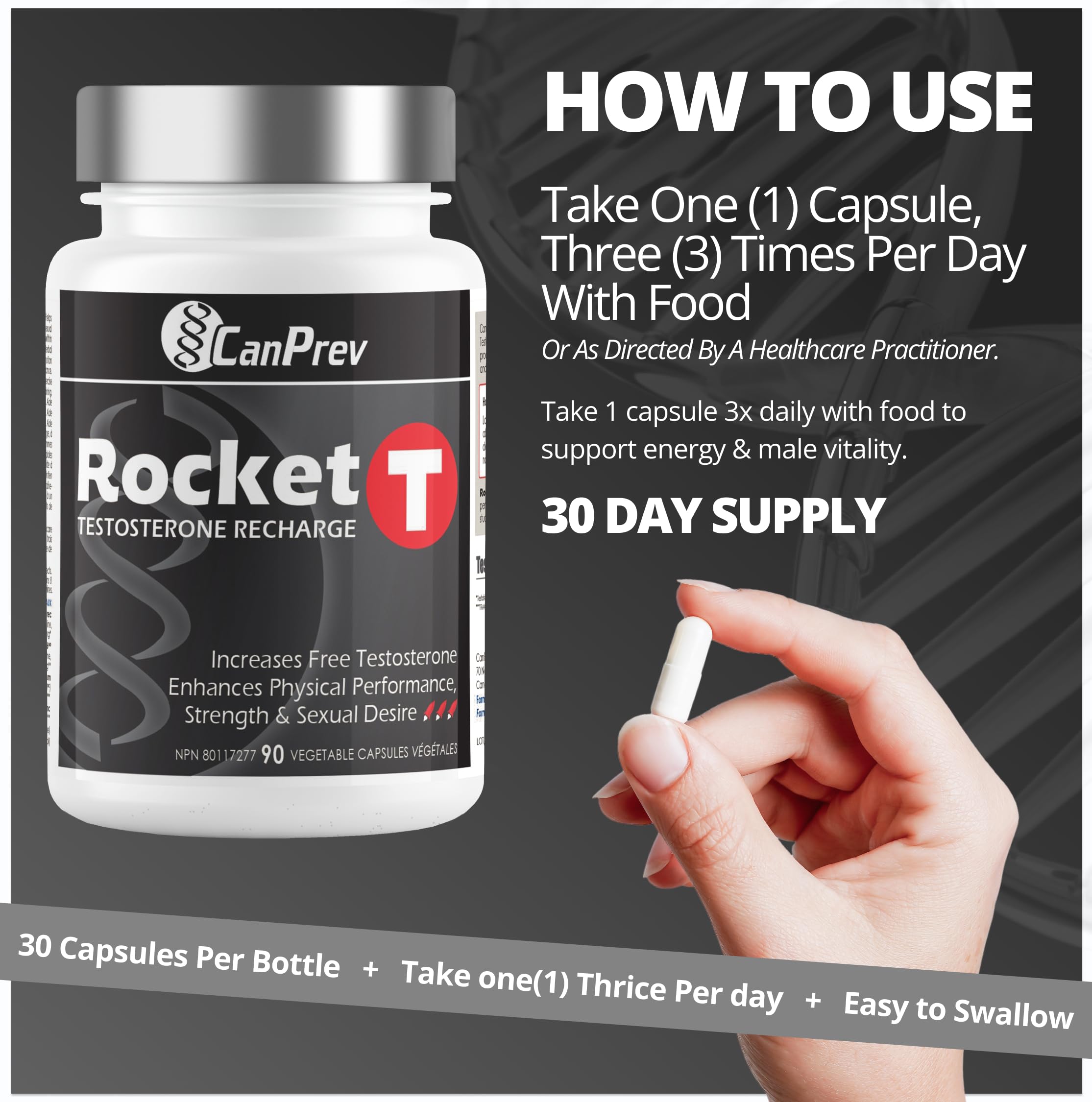 Canprev Rocket T Reconstitution de testostérone 90 capsules végétales Cure de 30 jours avec KSM-66 Ashwagandha, zinc, magnésium, vitamine B6 et D3 - Bien-être masculin, soutien de l'énergie, de la vitalité, d'un mode de vie actif et de la performance
