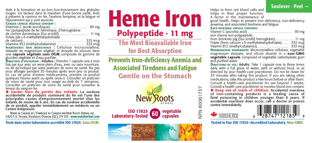 New Roots Herbal Heme Iron Capsules, Vitamin C, B12, Folate, 60 Capsules