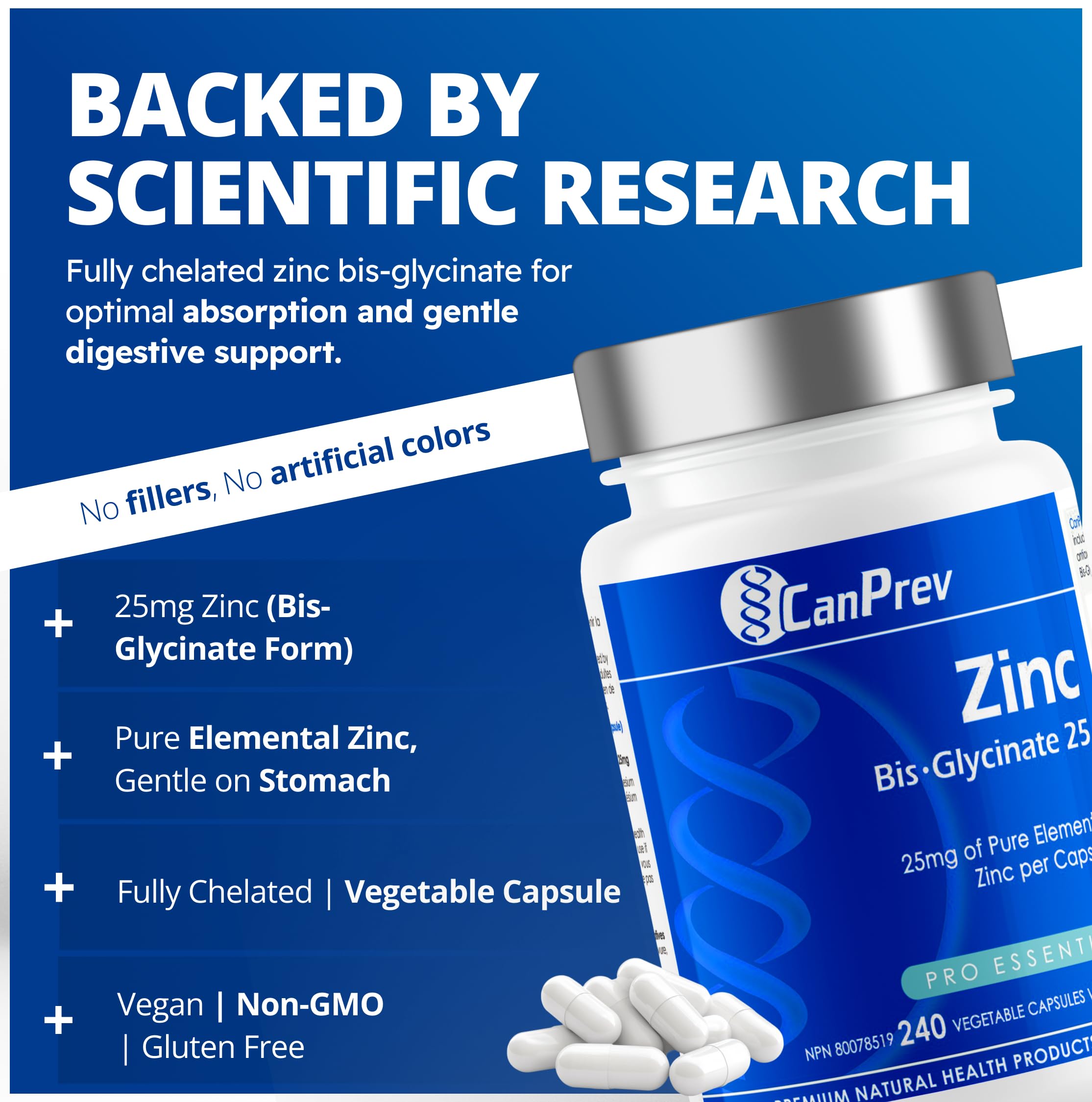 CanPrev Zinc Bis-Glycinate 25mg de zinc élémentaire pur par capsule - Produits de Santé Naturels