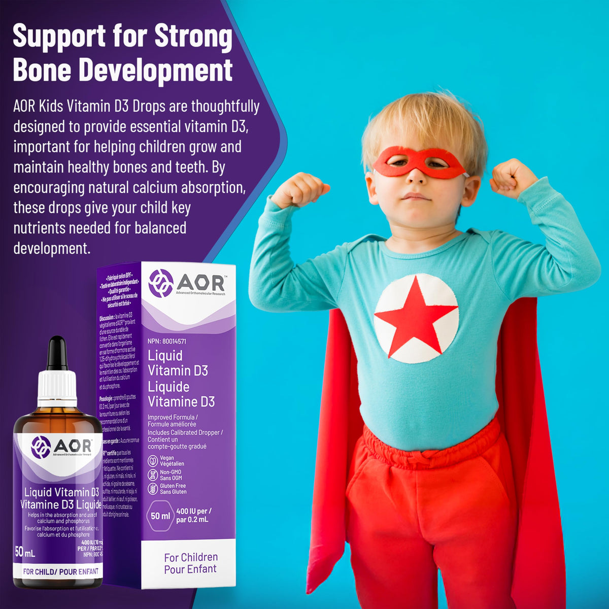 AOR Kids Vitamin D3 Drops, Unflavoured, Vegan, 400 IU, 50 ml, 250 Servings