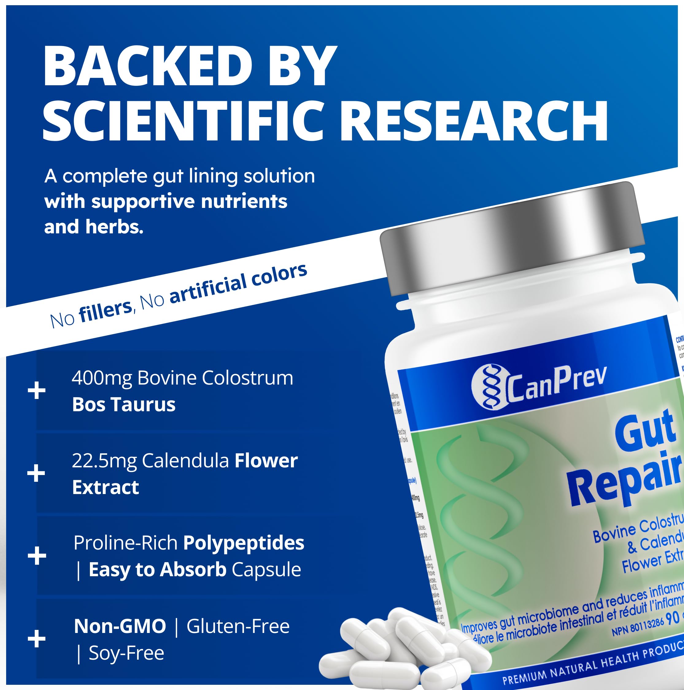 CanPrev - Gut Repair, 90 Capsules 45-Day Supply - Bovine Colostrum & Calendula Flower Extract - Dietary Supplement with Digestive Enzymes for Gut Maintenance - Non-GMO and Gluten-Free