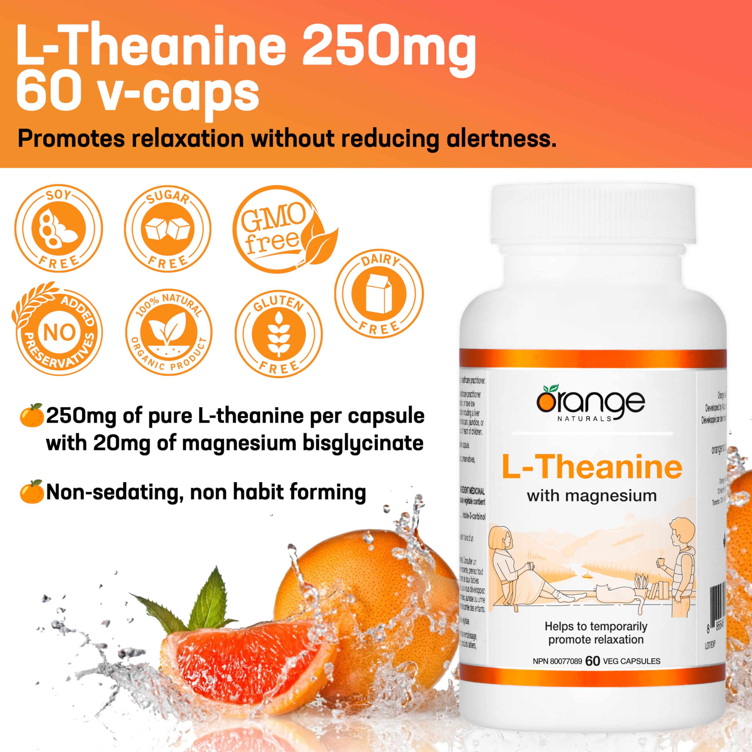 Orange Naturals - L-Théanine et Bisglycinate de Magnésium 250 mg, 60 gélules (approvisionnement de 60 jours) - Soutien amélioré pour le sommeil et la relaxation sans somnolence, favorise le calme mental - Végétalien et sans OGM