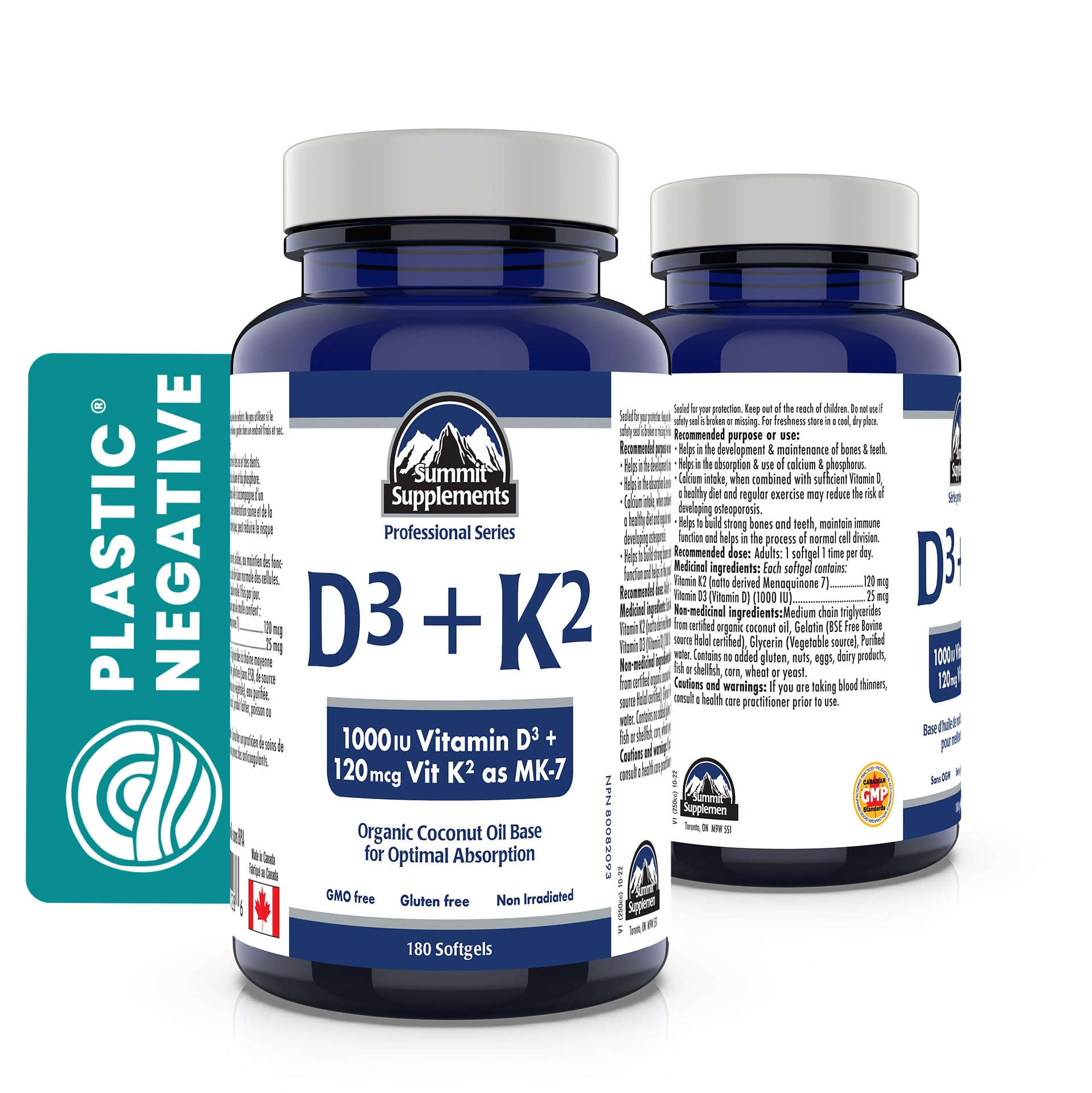 Vitamin D3 K2 180 Softgels, 6-Month Supply, 1000 IU D3 + 120mcg K2 MK-7, Organic Coconut Oil Base, Supports Bones, Teeth, Muscle & Immune System, GMO & Gluten-Free, Proudly Canadian, Plastic Negative