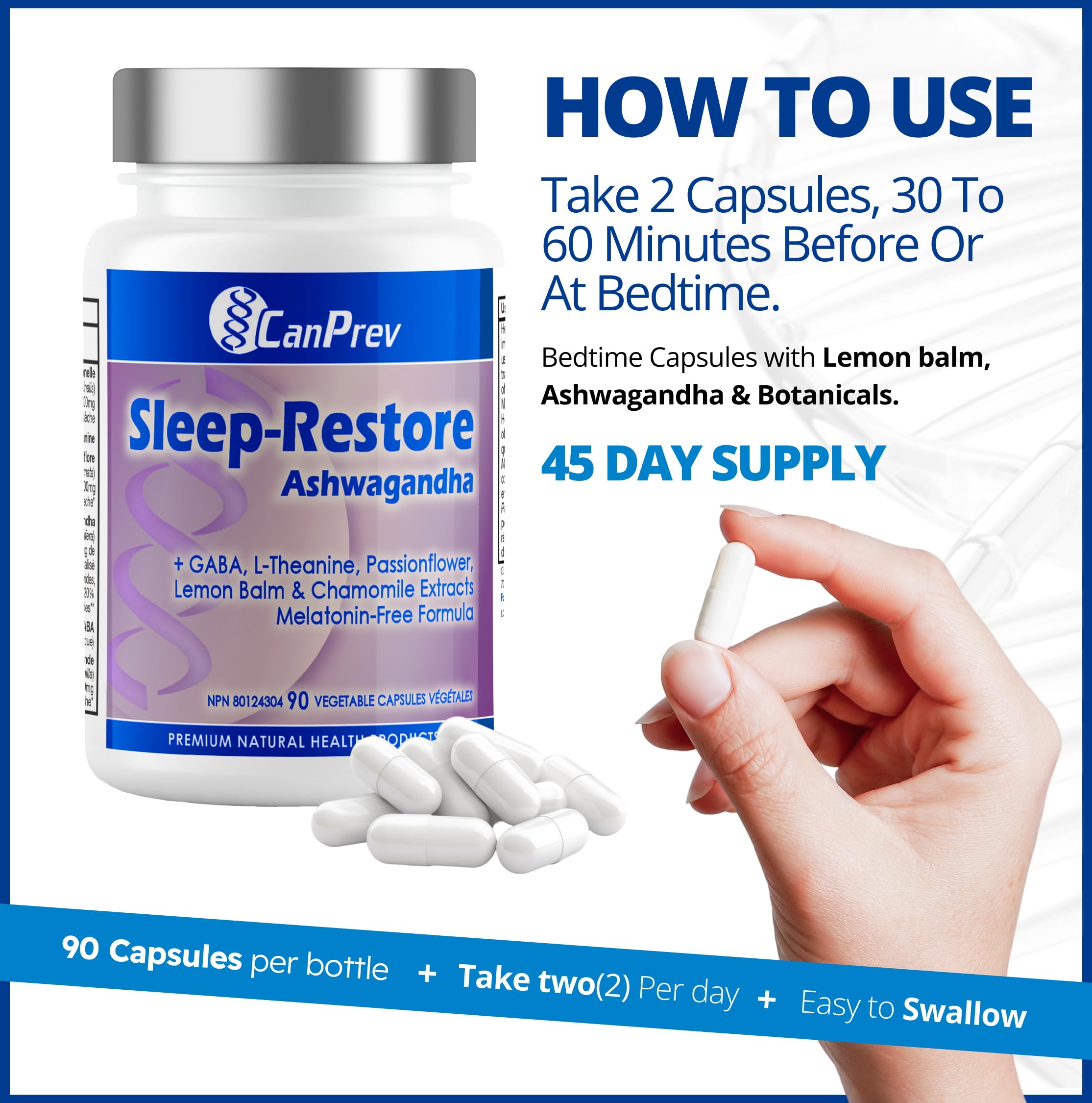 CanPrev Sommeil-Réparateur Ashwagandha Capsules, 90 capsules végétales Approvisionnement de 45 jours - Suppléments d'Ashwagandha pour l'énergie et la concentration, Formule calmante naturelle pour le soir, Favorise la relaxation et des nuits reposantes
