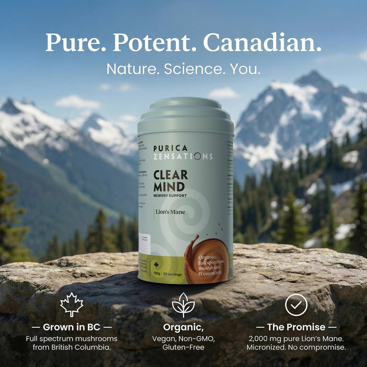 PURICA Zensations Clear Mind, Organic Lions Mane, 1600mg, Made in Canada