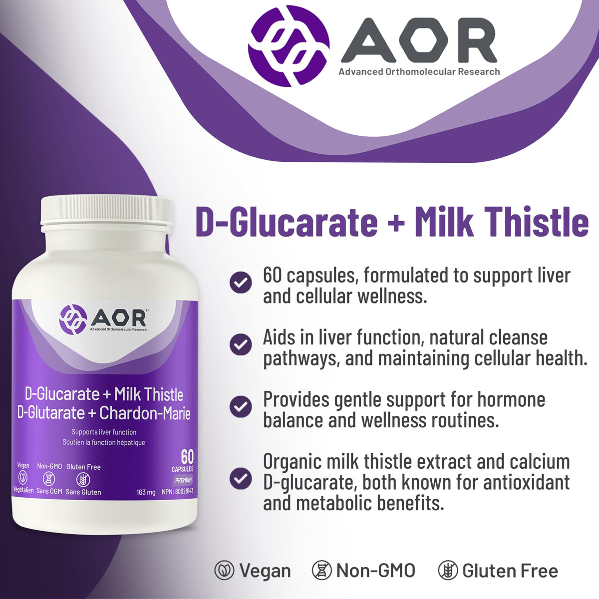 AOR Calcium D Glucarate Milk Thistle, Liver Support, 80% Silymarin, 60 Caps