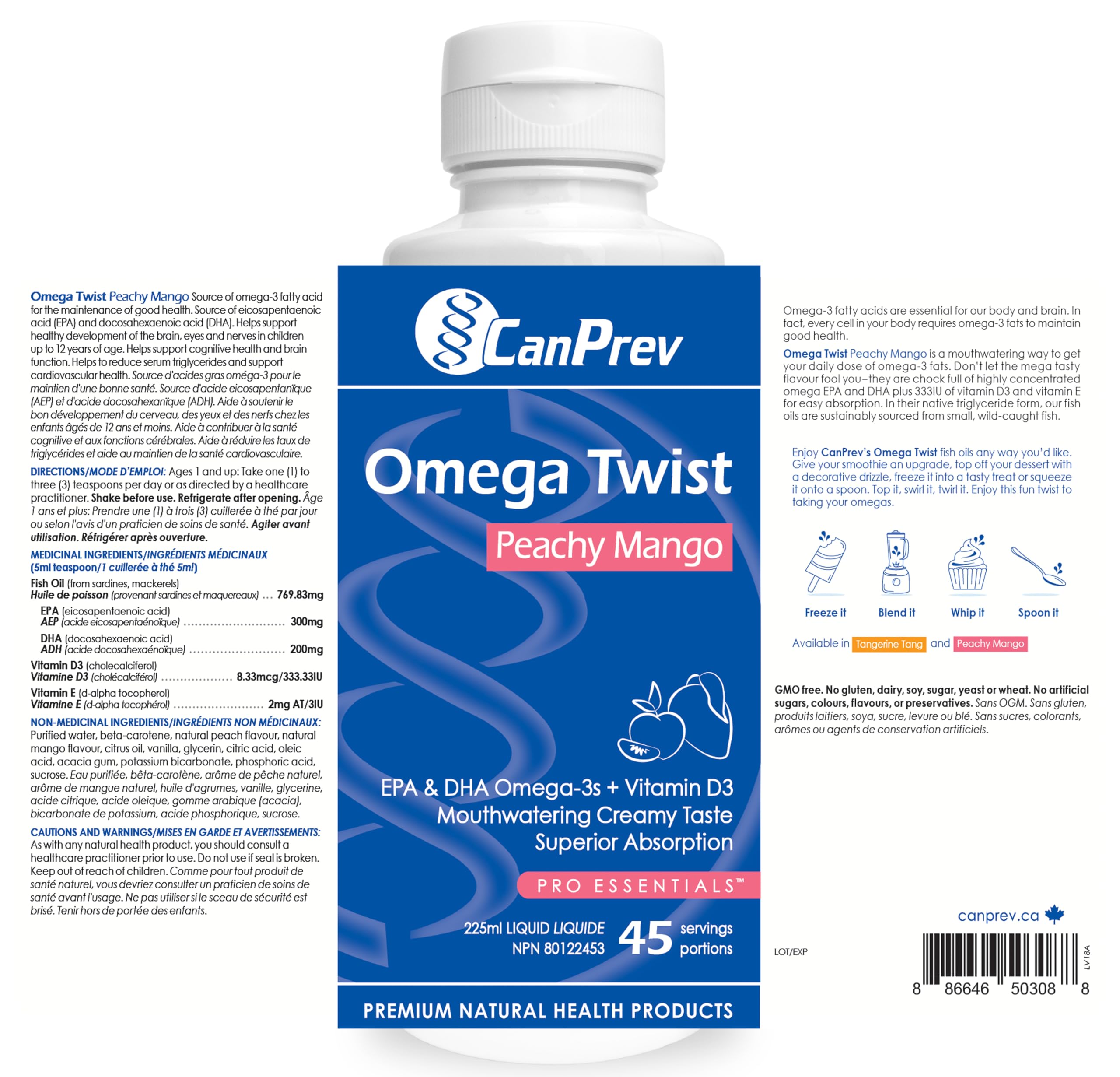 CanPrev Omega Twist Pêche Mangue, 225 ml Liquide 45 Portions - Absorption Supérieure Enrichi en Vitamine D3, Acides Gras Oméga-3 DHA et EPA - Aide à Soutenir la Santé Cognitive et la Fonction Cérébrale - Sans OGM