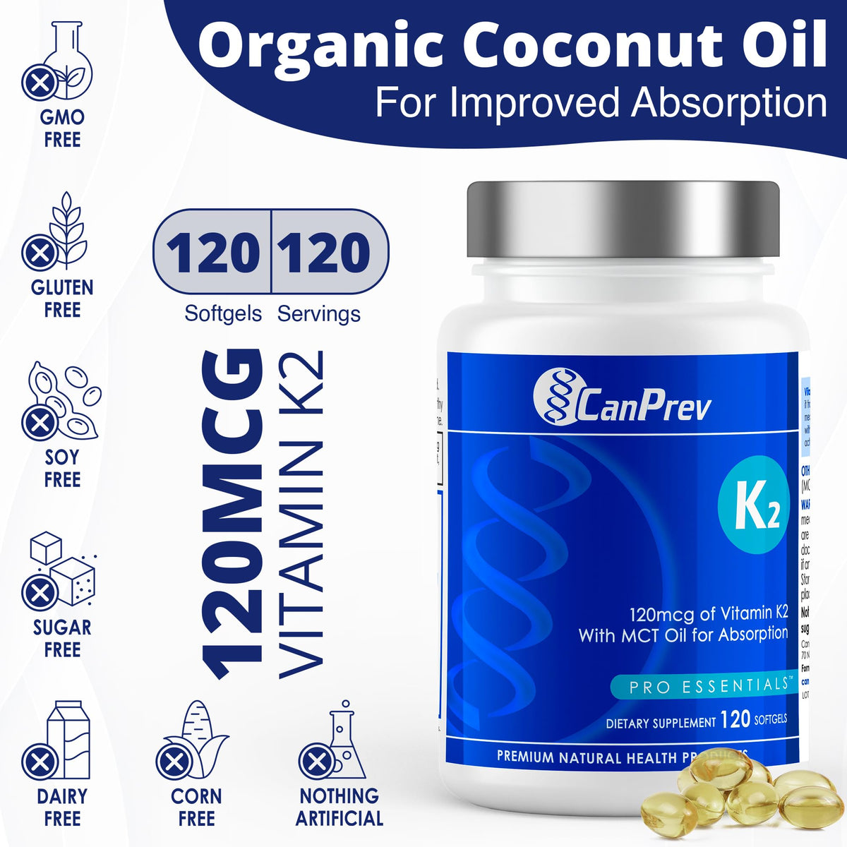 CanPrev K2 MK7 Softgels, 120 mcg, Coconut Oil, 120 Softgels, 120 Day Supply