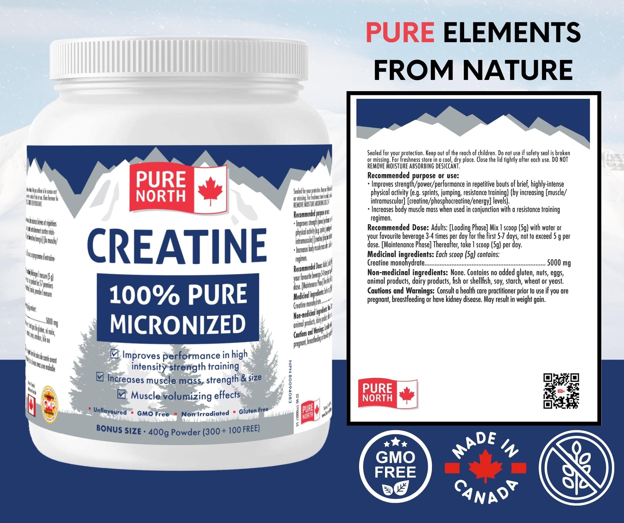 Pure North Naturals - Creatine 100% Pure Micronized 400g Powder 80-Servings - Improve Muscle Mass, Strength and Size - Improve Training Performance - 3rd Party Tested - Formulated & Made in Canada