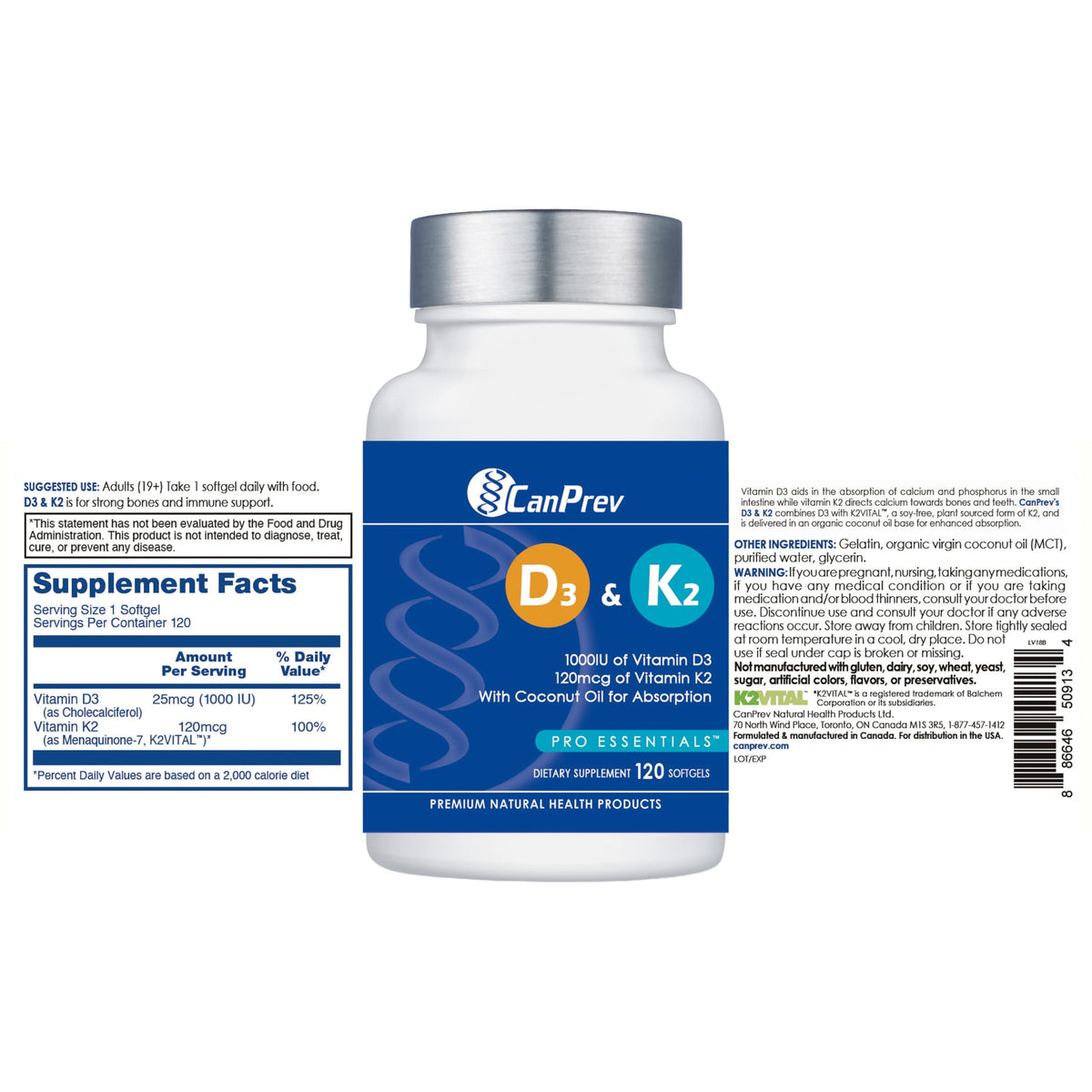CanPrev Vitamin D3 K2 Softgels, 1000 IU D3, 120 mcg K2, 120 Day Supply