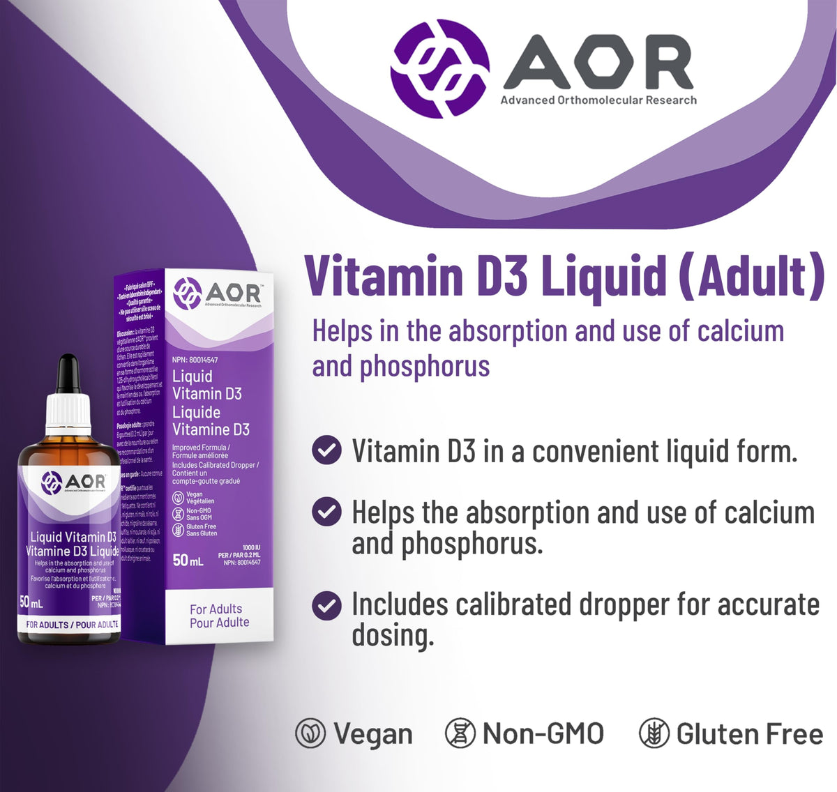 AOR Liquid Vitamin D Drops, Vitamin D3, Vegan, 1000 IU, 50 ml, 250 Servings
