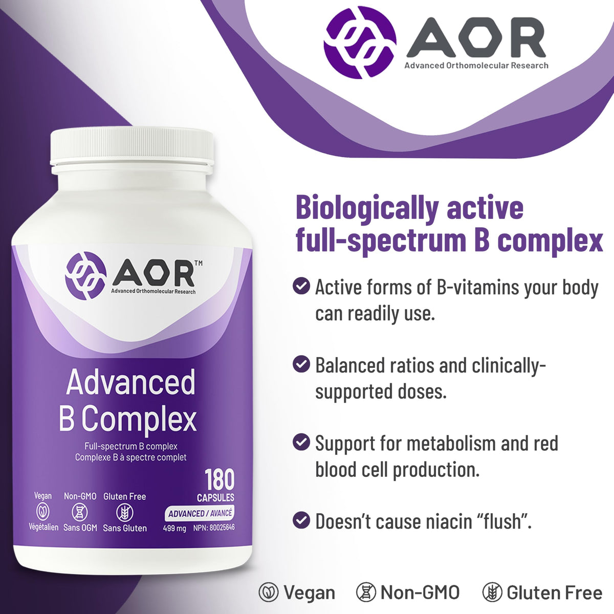 AOR Advanced Vitamin B Complex, Active Forms, Gluten Free, 180 Capsules