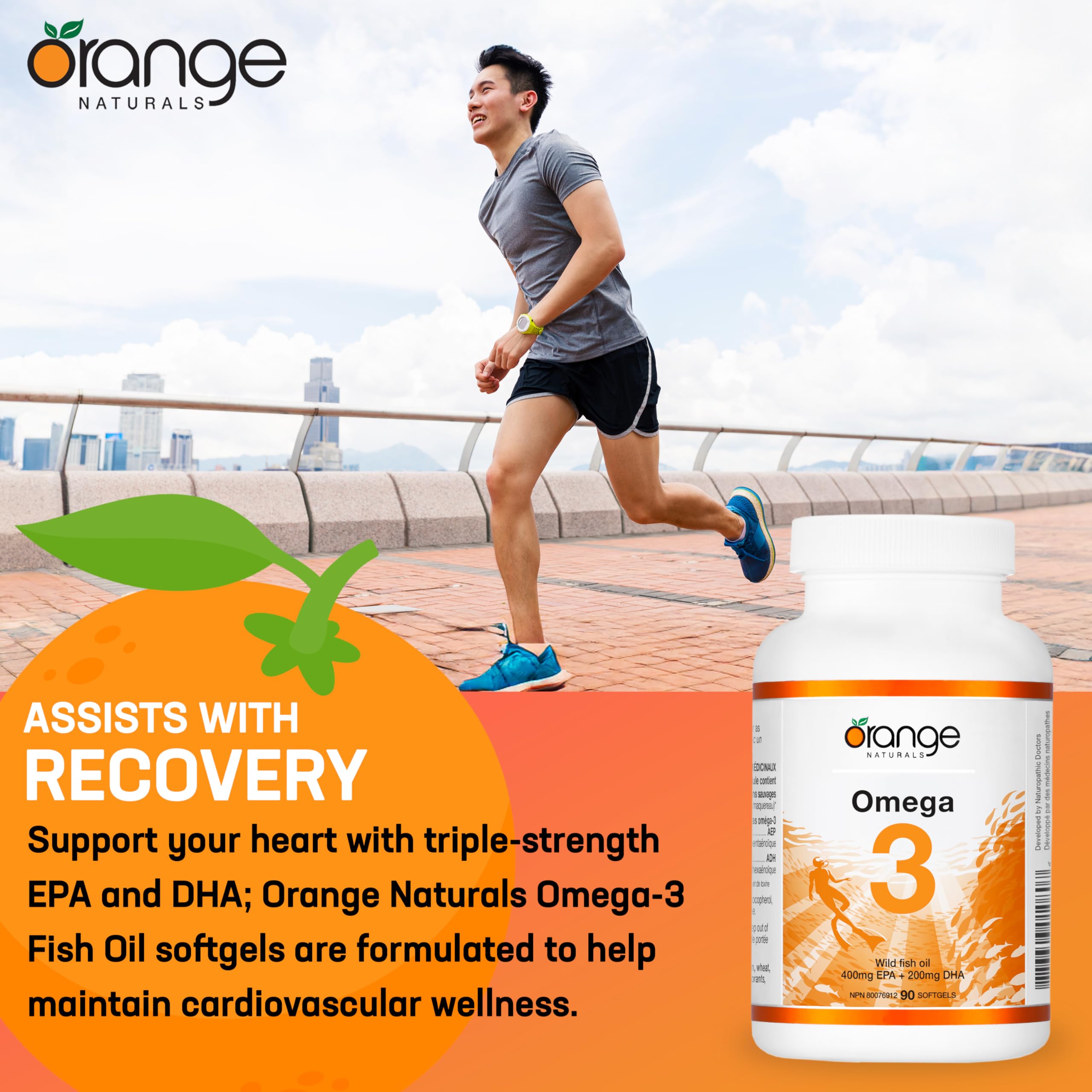 Orange Naturals Huile de poisson Oméga-3 - 90 gélules pour une meilleure santé cérébrale et cardiaque, acides gras essentiels triple concentration, sans OGM, haute teneur en EPA et DHA, soutient la fonction cognitive et le bien-être cardiaque