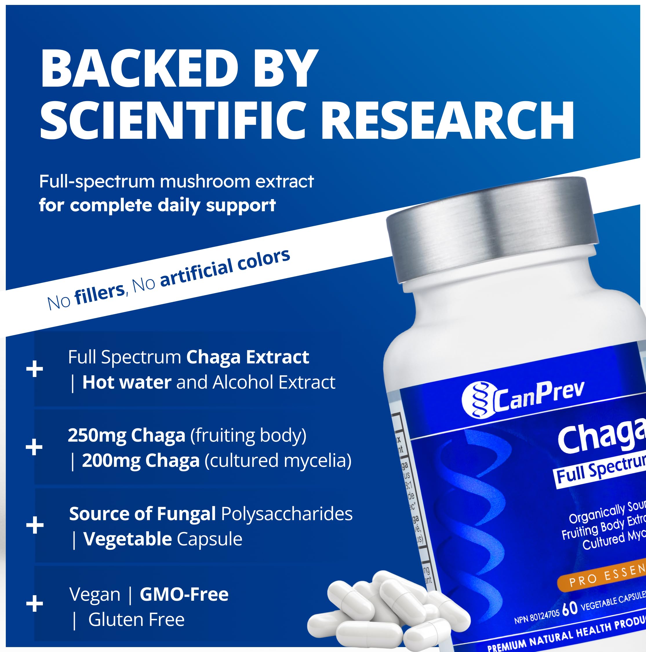 CanPrev Organic Chaga Full Spectrum 60 Veg Caps, 2-Month Supply, Wildcrafted Chaga Mushroom Extract for Daily Wellness, Cellular Protection, Balanced Digestion, Rich in Antioxidant, No GMO, Soy, Dairy