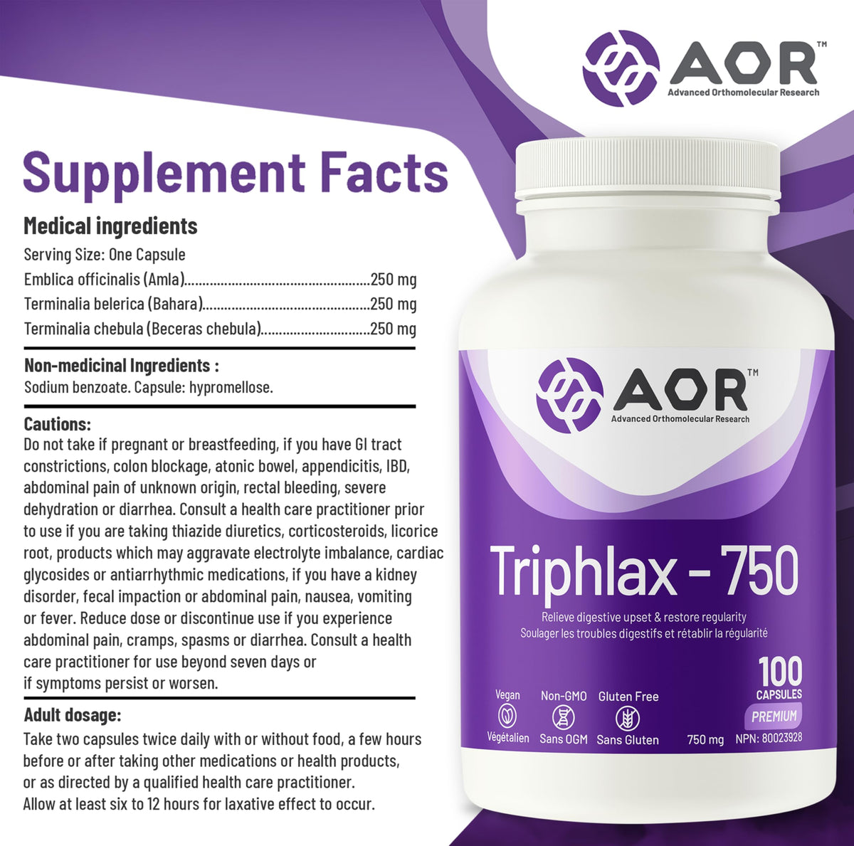 AOR Triphlax Triphala Capsules, Three Fruit Blend, Ayurvedic, 100 Capsules