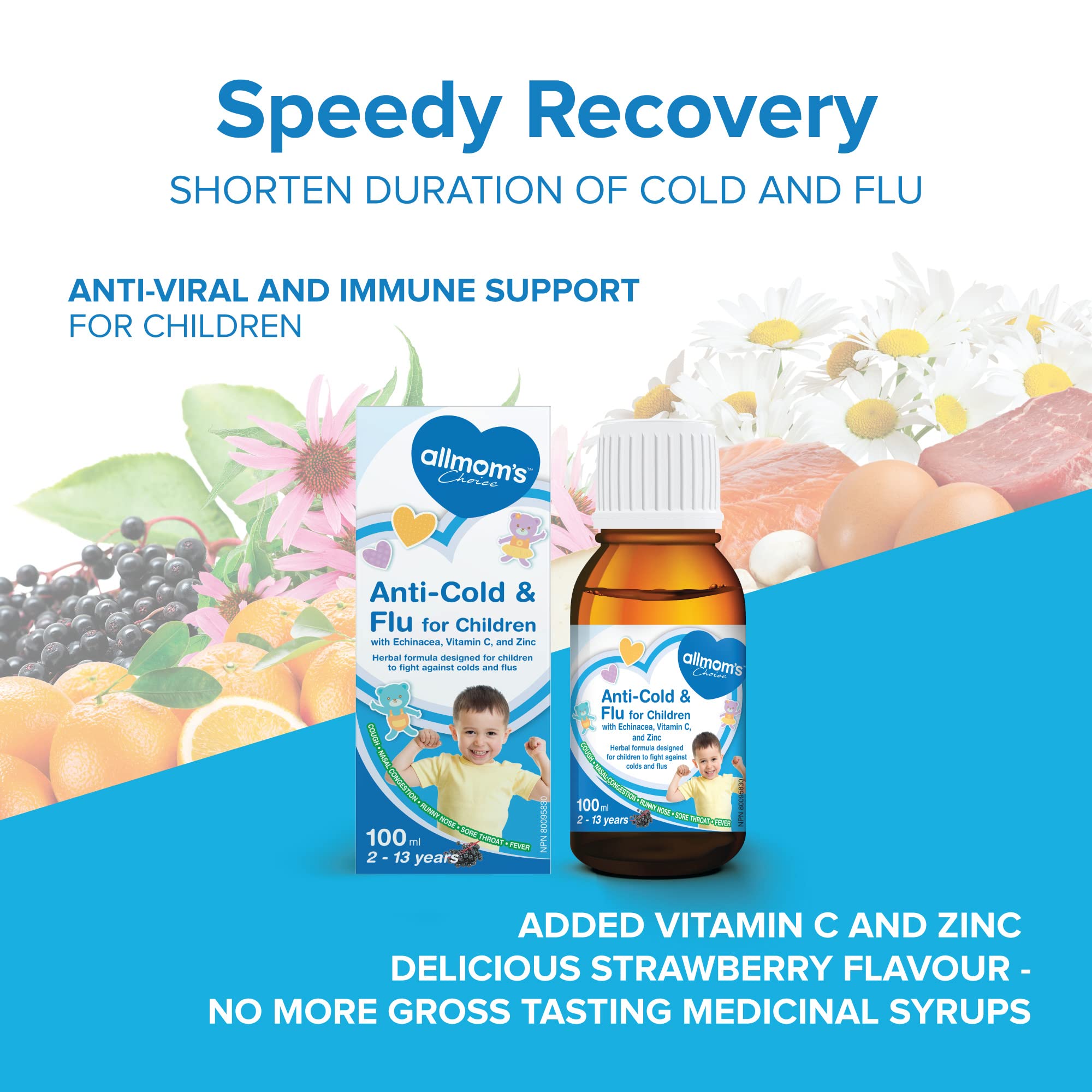 Anti-Cold & Flu for Children - Prevent and Relief Kids Flu Symptoms - Cough, Sore Throat, Fever, Running Nose, Nasal Congestion - Vitamins C for Kids - Zinc - Echinacea & Elder - Improve Immunity - 100ml Liquid - 2-13 Years Old - All Mom's Choice
