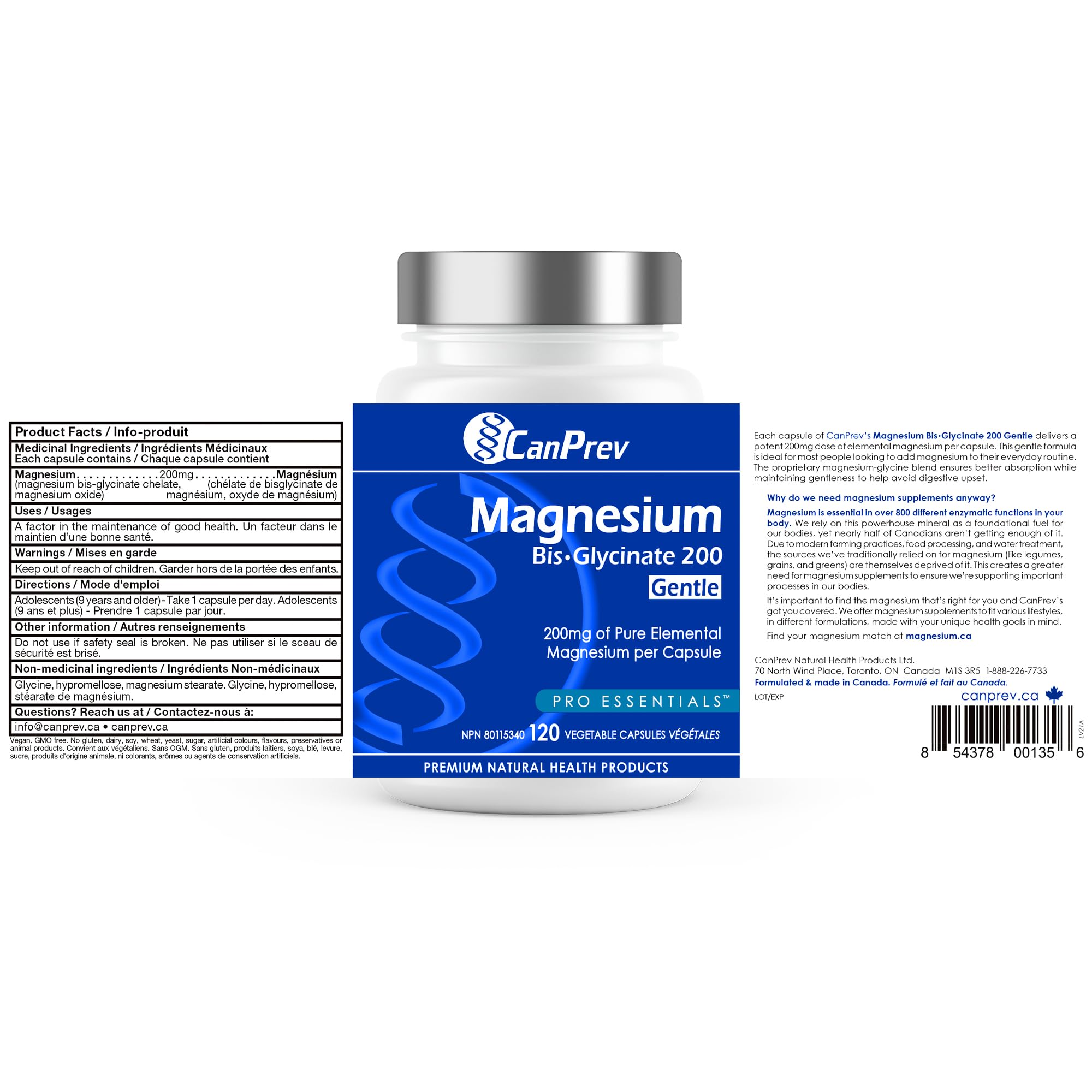 CanPrev - Bisglycinate de magnésium pur 200mg (Doux) | Supplément complexe de chélate élémentaire | Idéal pour les os, les articulations, la digestion, la constipation et un meilleur sommeil | Végétalien