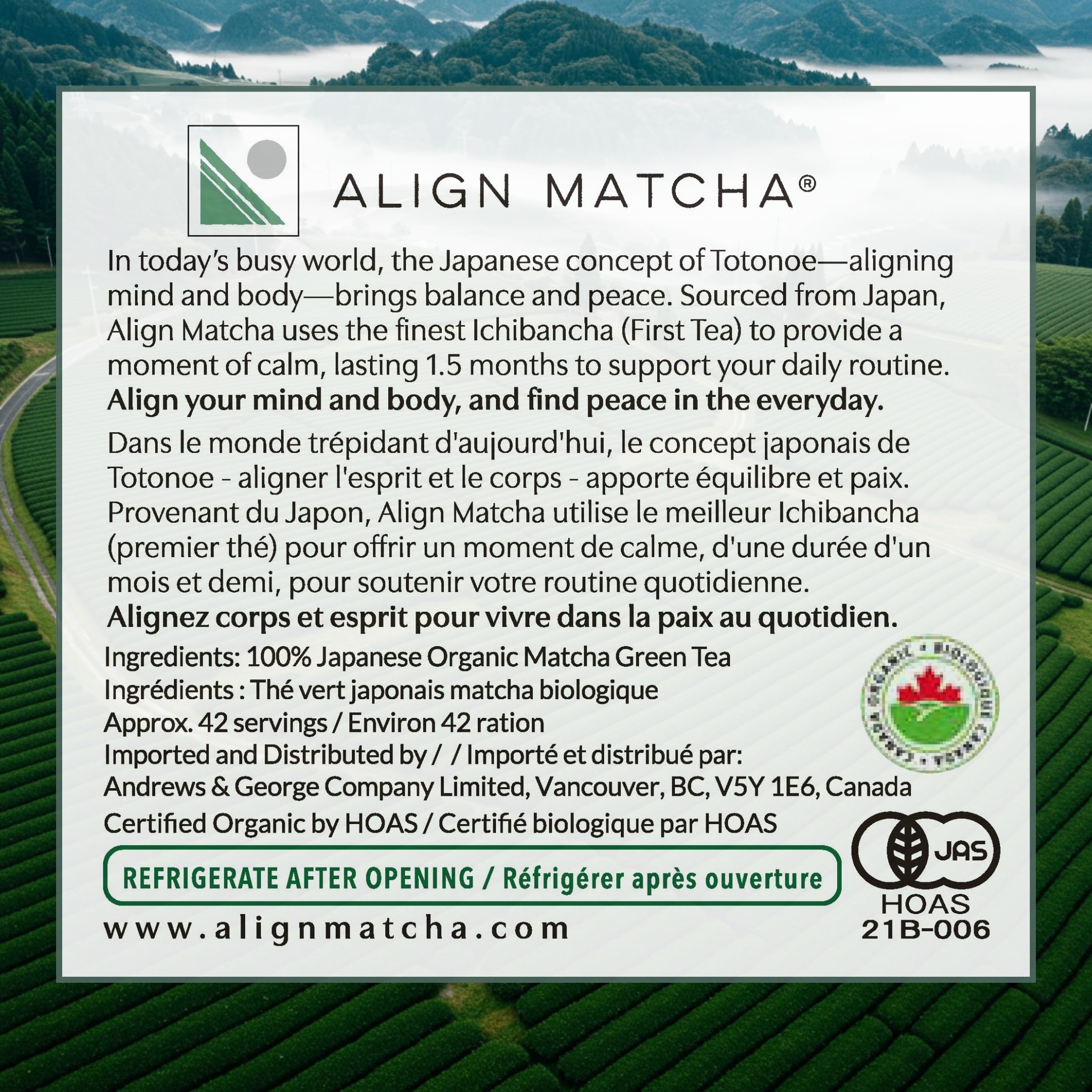 ALIGN MATCHA Ceremonial Organic Matcha — Ichibancha (First Tea) calm ritual; sourced from Japan, 50 g (≈42 servings)