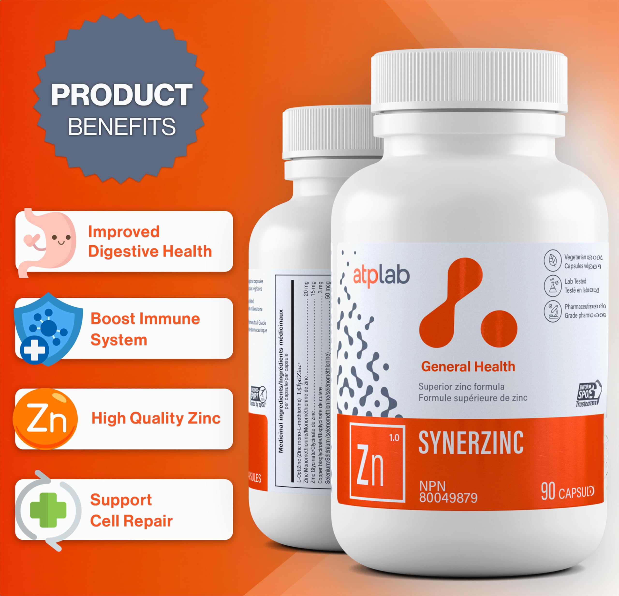 ATP LAB - Synerzinc, 90 Capsules 90-Day Supply - Zinc Supplement An Essential Mineral - Helps to Maintain Healthy Skin and Immune Function - Helps to Produce and Repair Connective Tissue