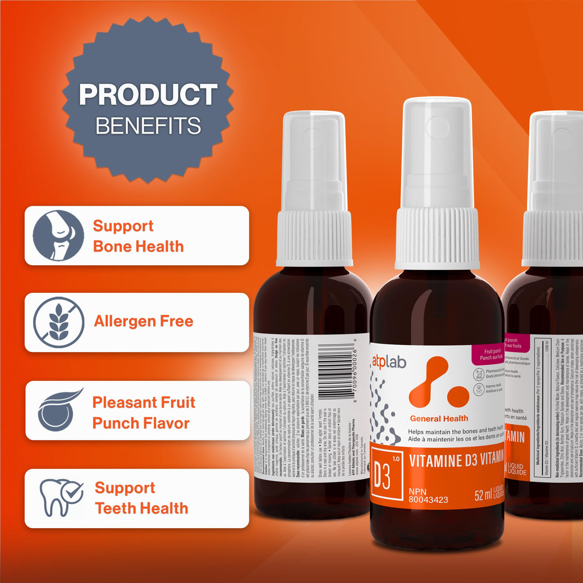 atplab Vitamin D3 Oral Spray, Vitamin D Spray, 1000 IU, 52 ml, 185 Servings