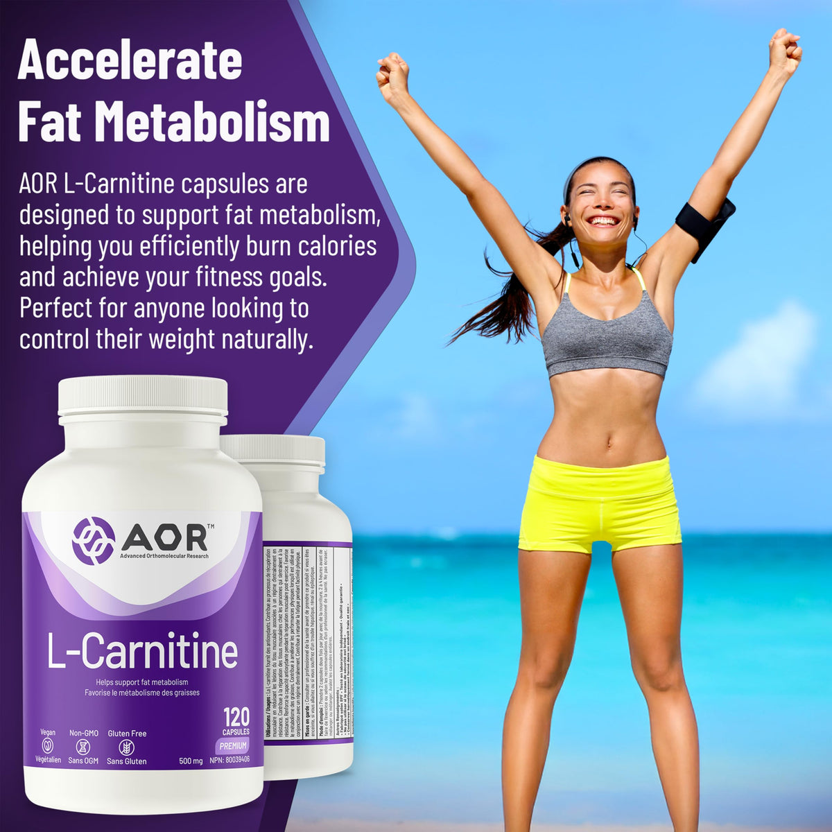 AOR L Carnitine 500mg Capsules, Muscle Recovery, Gluten Free, 120 Capsules