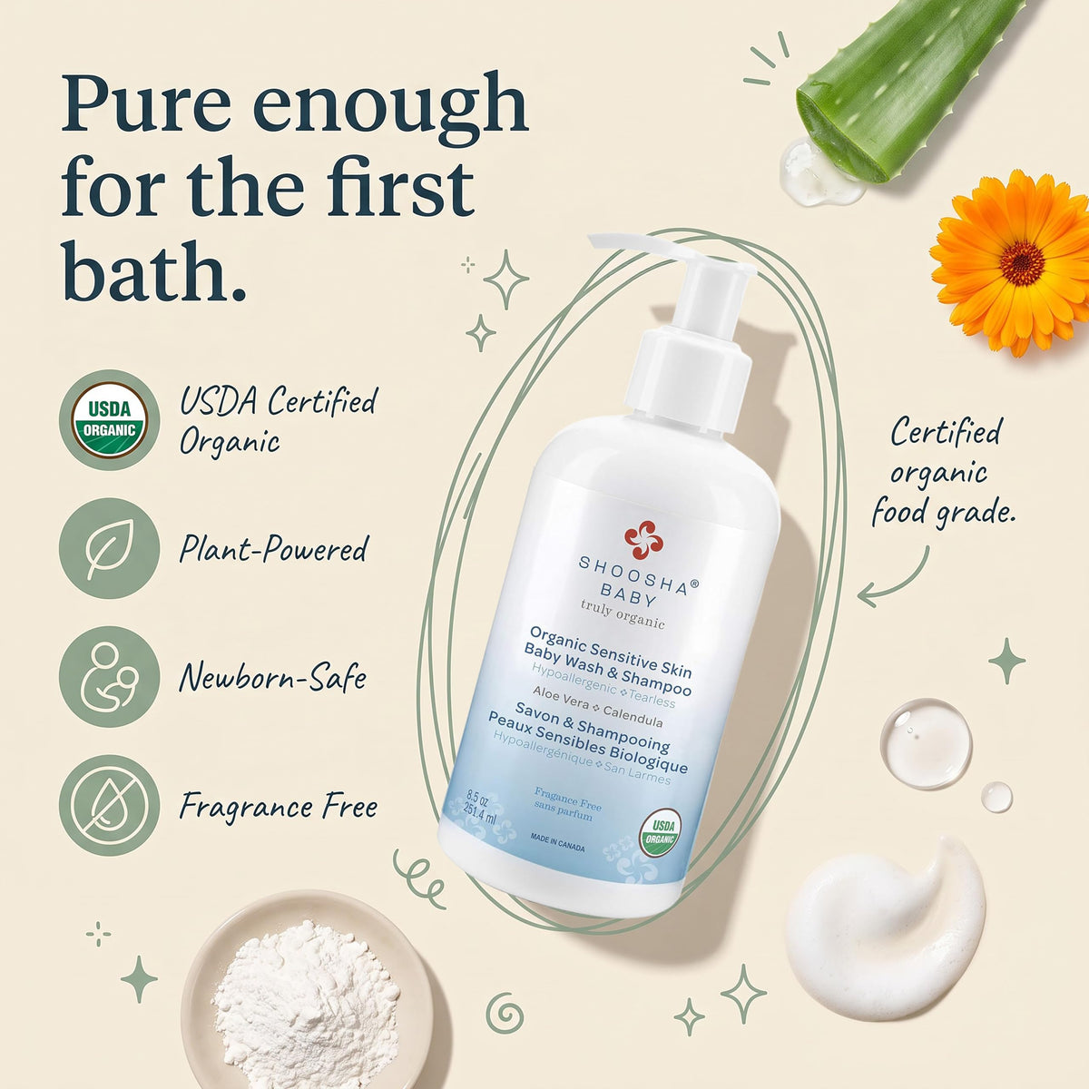 Shoosha Sensitive Skin Organic Wash and Shampoo, Unscented, 251.4 ml (Pack of 1)