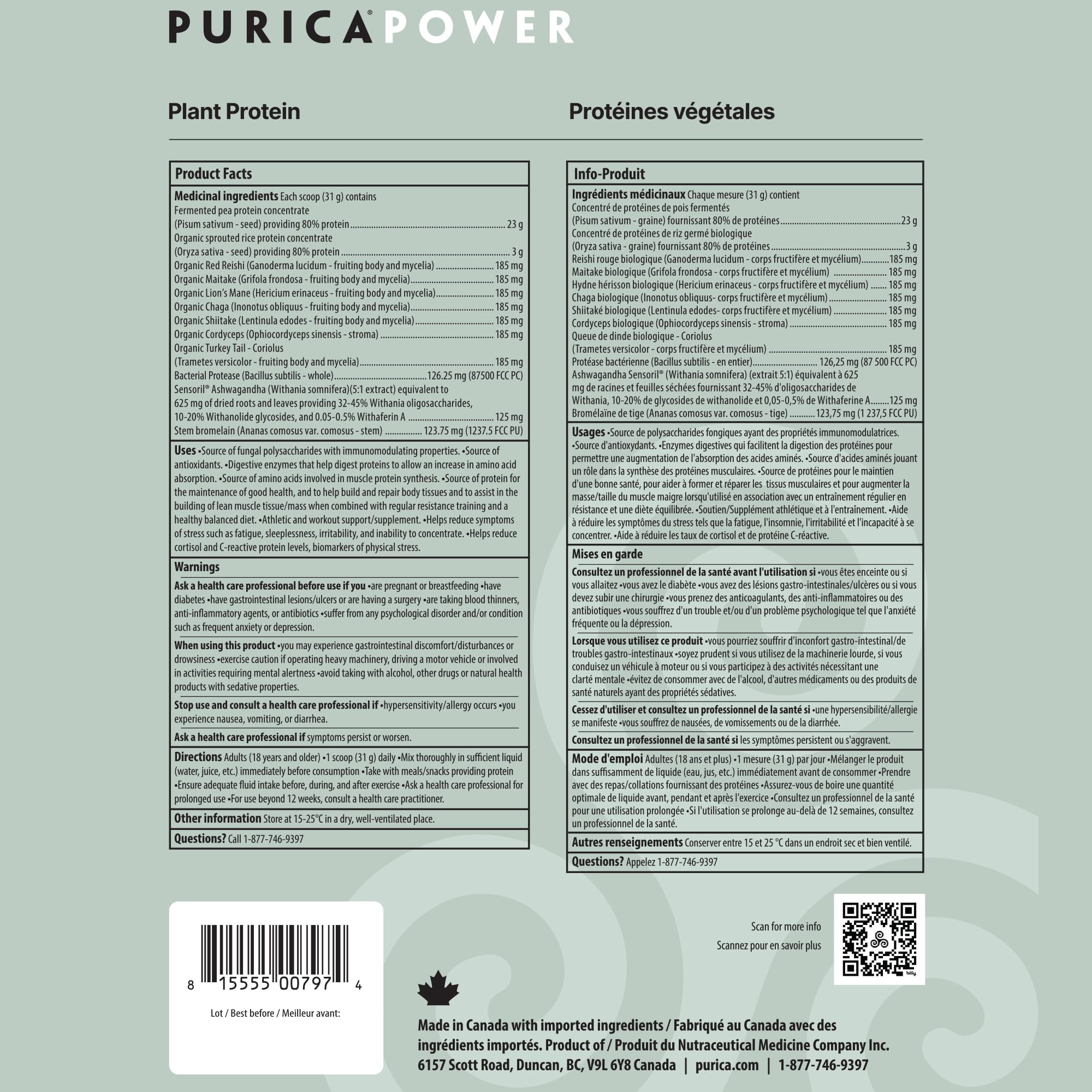 PURICA Plant Isolate Protein +7 Mushrooms & Ashwagandha Powder