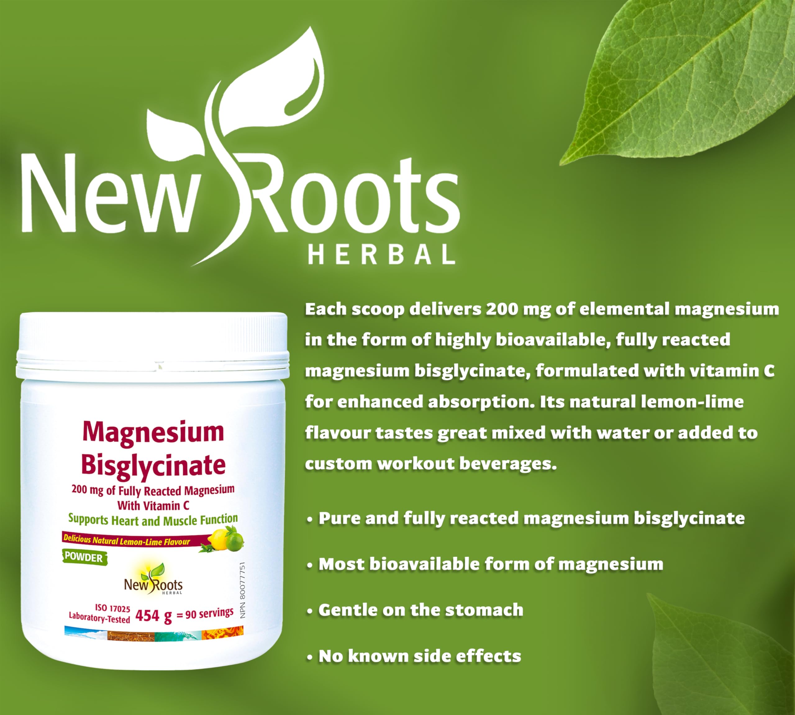 New Roots Herbal - Magnesium Bisglycinate Powder, Lime Flavor Drink Mix - Pure Magnesium Glycinate with Vitamin C for Sleep, Support Heart Health, Muscles Function, Bone & Metabolism