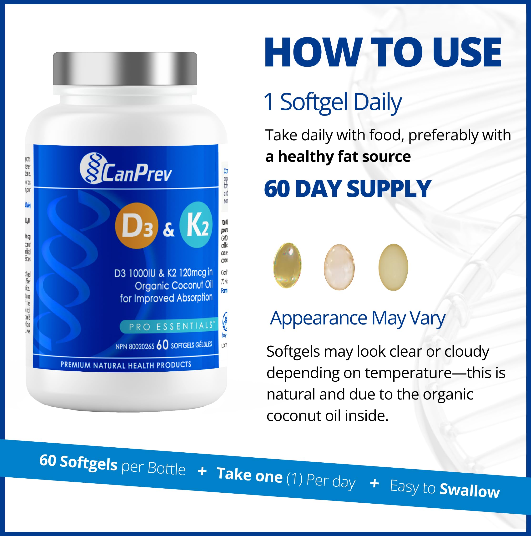 CanPrev D3 & K2 - Huile de coco biologique l Aide à la formation et au maintien de la santé osseuse l Avec vitamine D3 et K2
