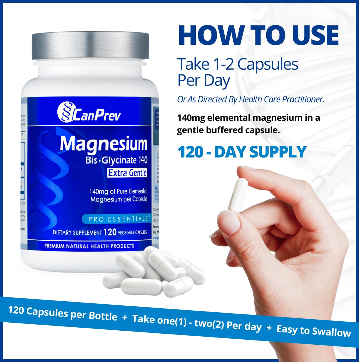 CanPrev Magnesium Bisglycinate Capsules, 140 mg, 120 Capsules & Day Supply