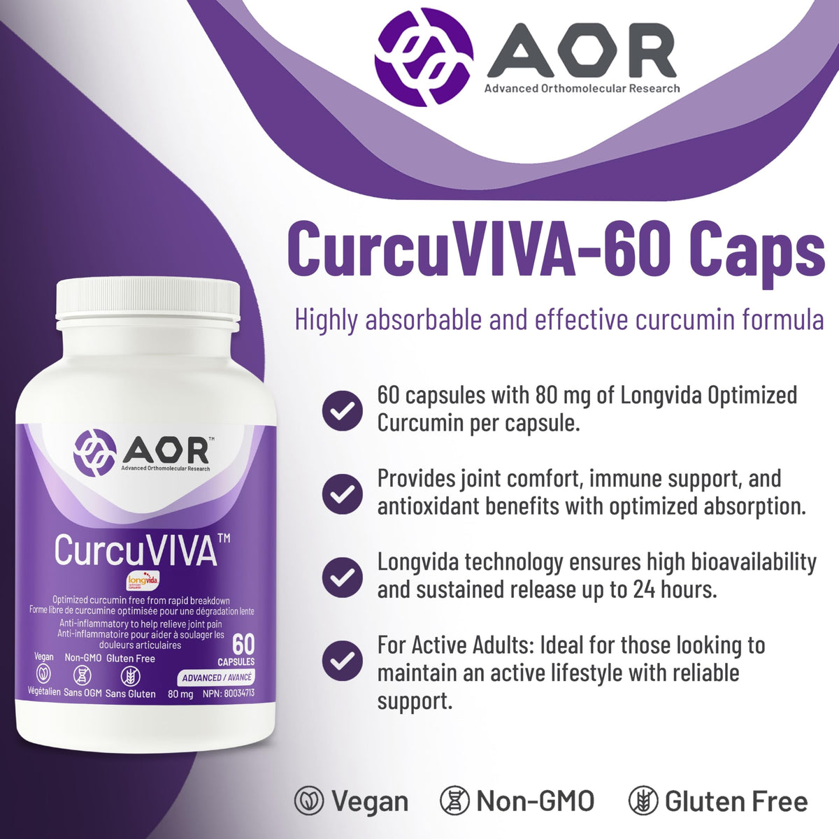 AOR CurcuVIVA Turmeric Curcumin Capsules, 80 mg, Gluten Free, 60 Day Supply