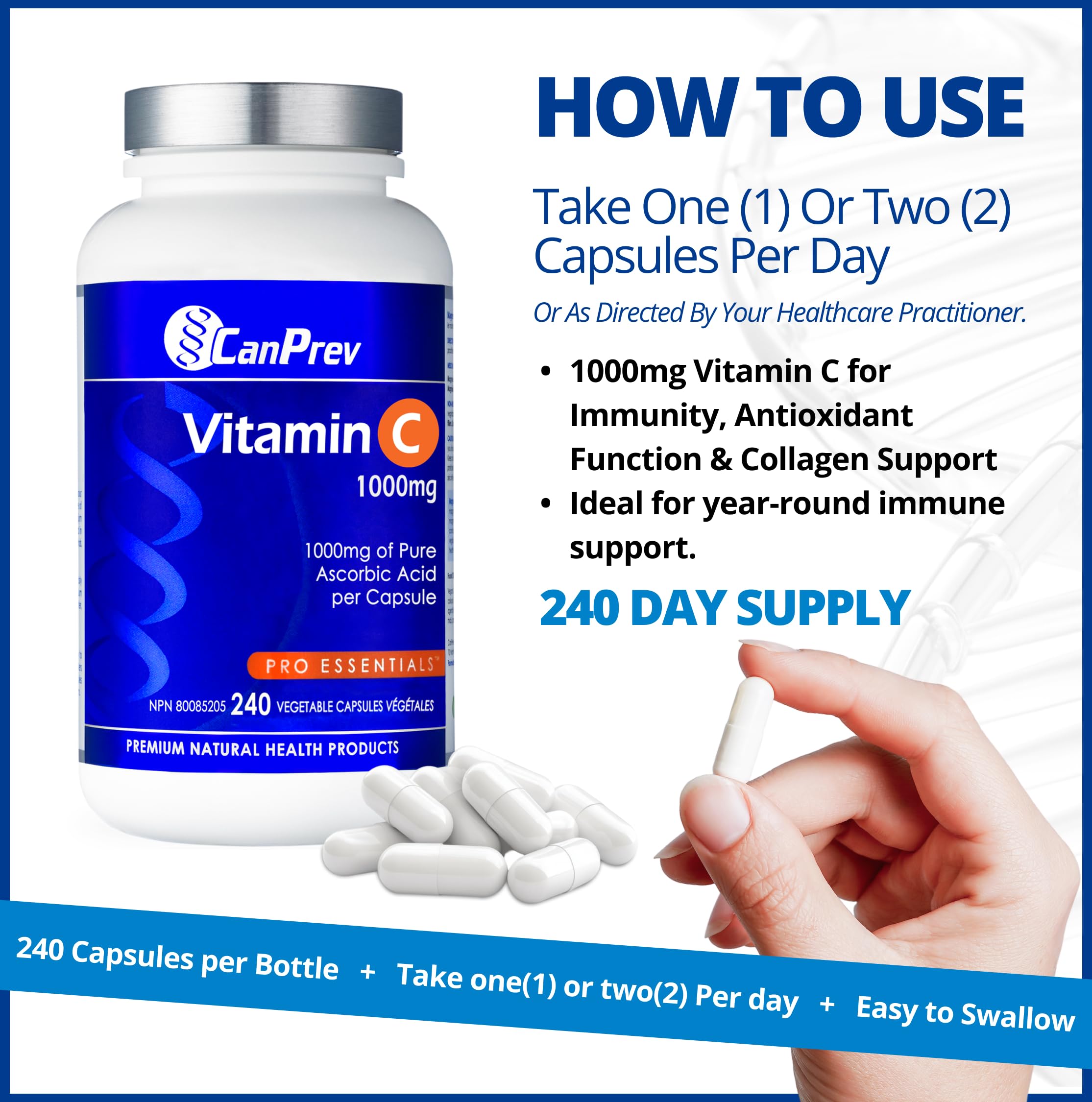CanPrev Vitamin C 1000mg 240 Veg Caps 240-Day Supply, Daily Antioxidant Support, Helps Maintain Strong Bones, Teeth & Gum, Pure Ascorbic Acid, Gentle on Digestion - Vegan, Gluten, Dairy and Soy Free