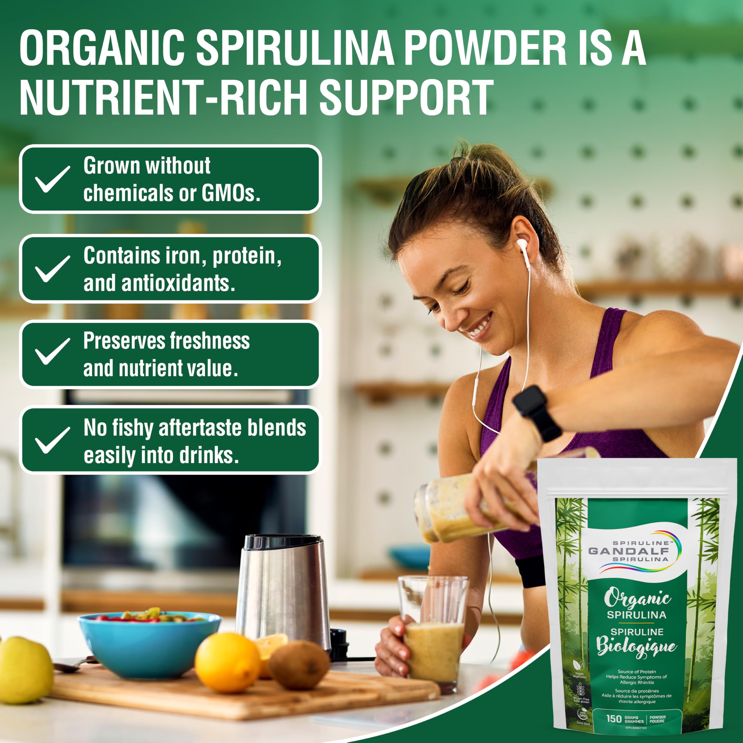 Poudre de Spiruline Bio Gandalf 150g (30 portions) - Superaliment Pur d'Algues Bleu-Vert - Végétalien, Riche en Fer, Antioxydants et Nutriments Essentiels, Parfait pour les Smoothies et les Recettes