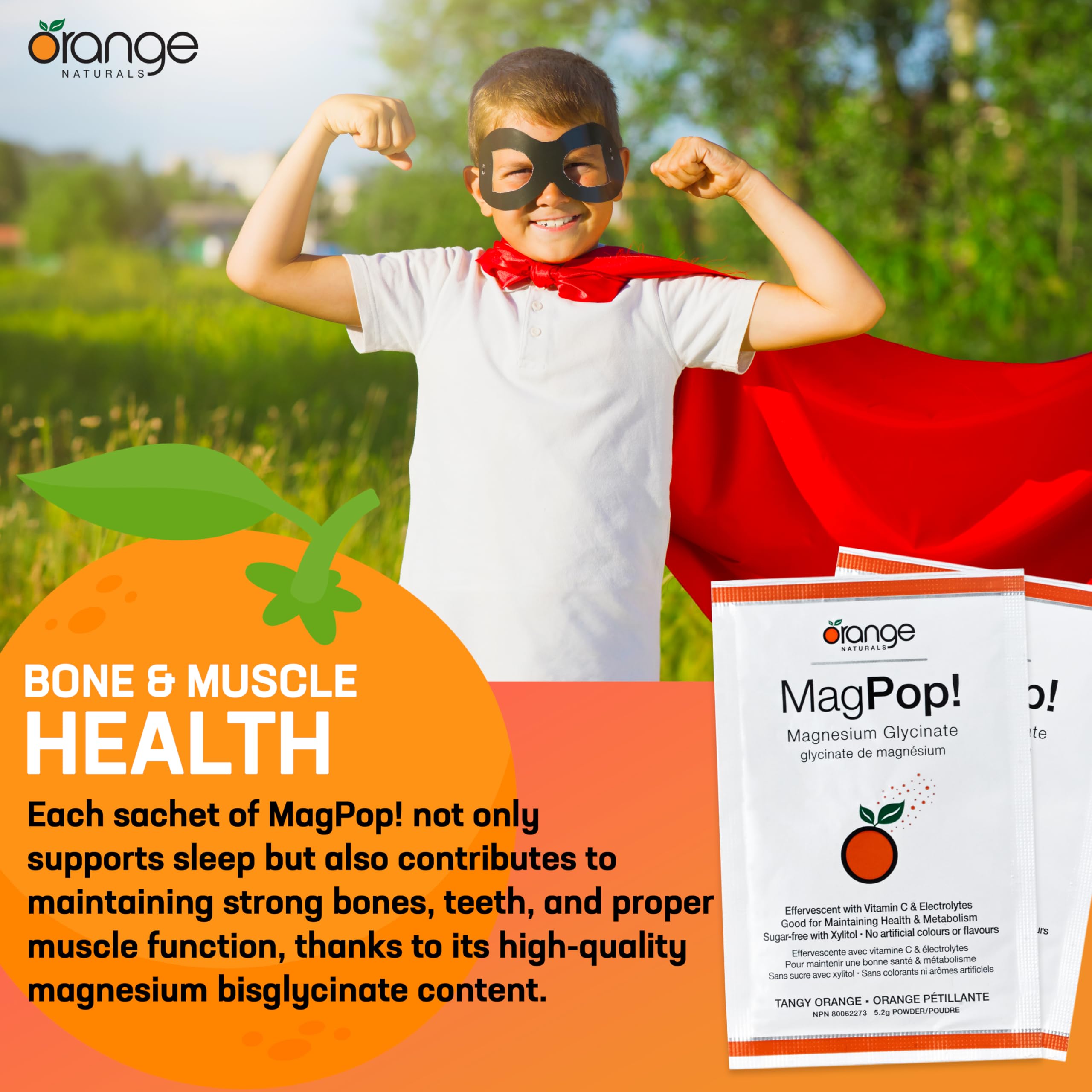 Orange Naturals - MagPop! Poudre effervescente de glycinate de magnésium avec vitamine C, 35 sachets, pour 35 jours - Équilibre électrolytique, favorise le sommeil, la relaxation et la fonction musculaire, la santé des os et des dents